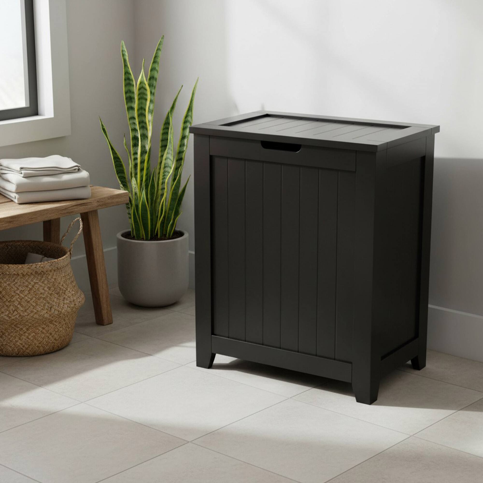 Alt View 2. Redmon - Redmon Contemporary Wooden Clothes Hamper for Bedroom and Laundry Room, Espresso - Black.