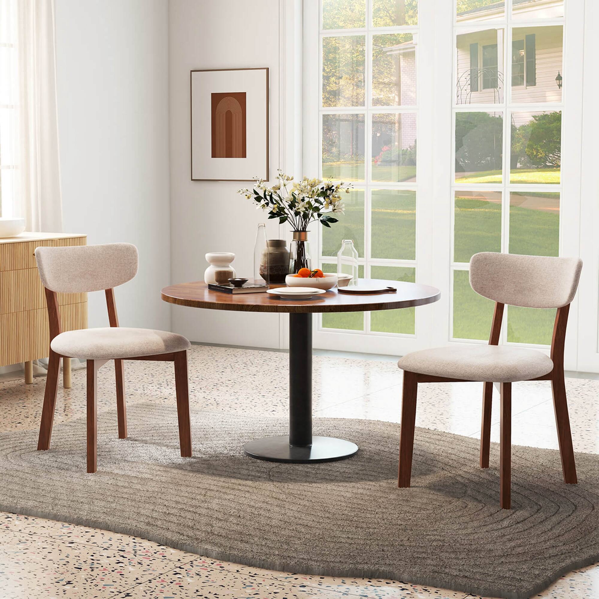 Alt View 1. Costway - Costway Upholstered Dining Chairs Set of 2 with Solid Rubber Wood Frame, Curved Backrest - Brown.