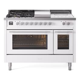 ILVE - Professional Plus II Series 48 in. Dual Fuel Range with 5 Sealed Burners + Griddle (Liquid Propane, Satin Trim) - White