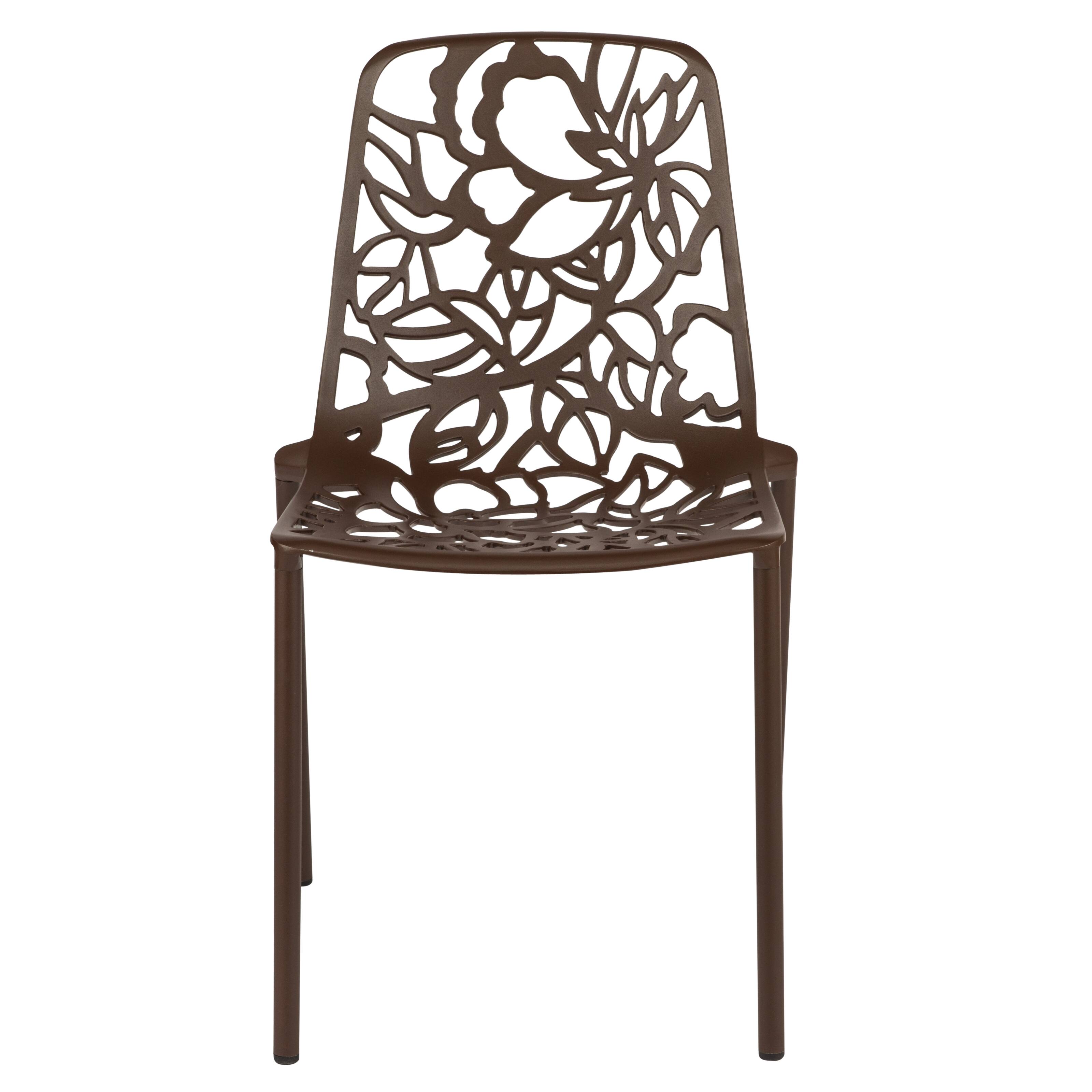 Alt View 3. LeisureMod - Devon (Set of 2) Aluminum Outdoor Dining Chair, UV Resistant & Stackable Floral Design Accent Chair - Fully Assembled - Brown.