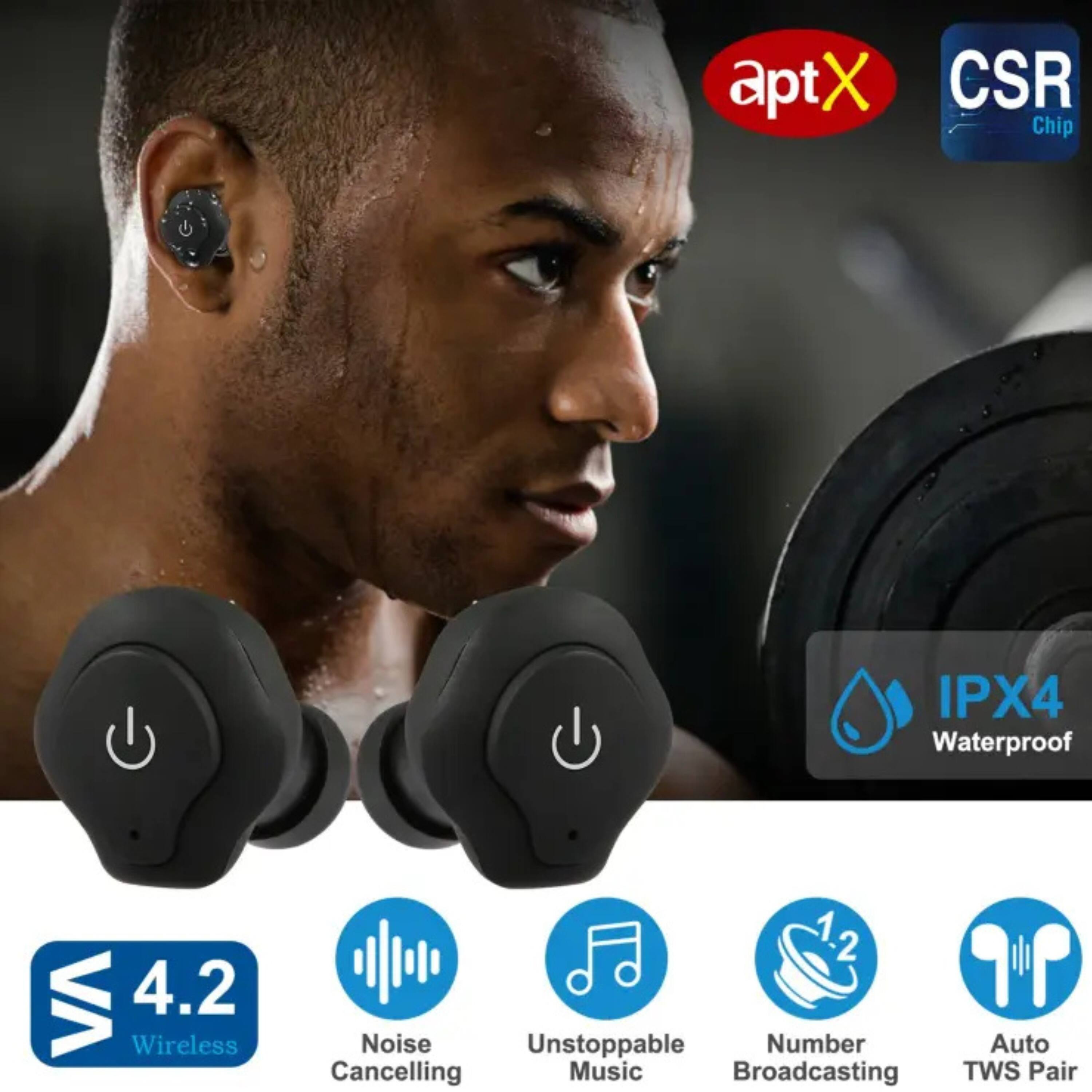 aptX X CSR Chip  
IPX4 Waterproof  
4.2 Wireless  
Noise Cancelling  
Unstoppable Music  
Number Broadcasting  
Auto TWS Pair