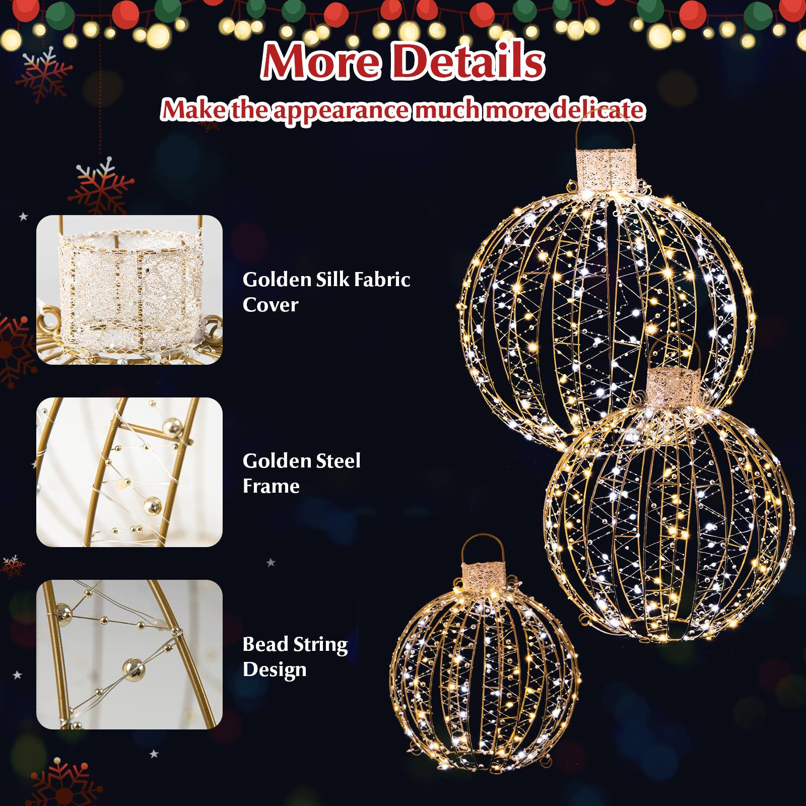 More Details  
Make the appearance much more delicate

- Golden Silk Fabric Cover
- Golden Steel Frame
- Bead String Design