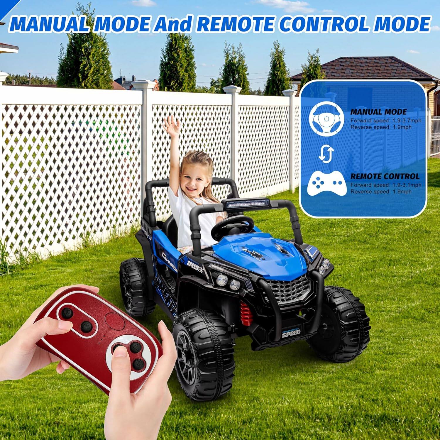 MANUAL MODE And REMOTE CONTROL MODE

MANUAL MODE
Forward speed: 1.9-3.7mph
Reverse speed: 1.9mph

REMOTE CONTROL
Forward speed: 1.9-3.1mph
Reverse speed: 1.9mph