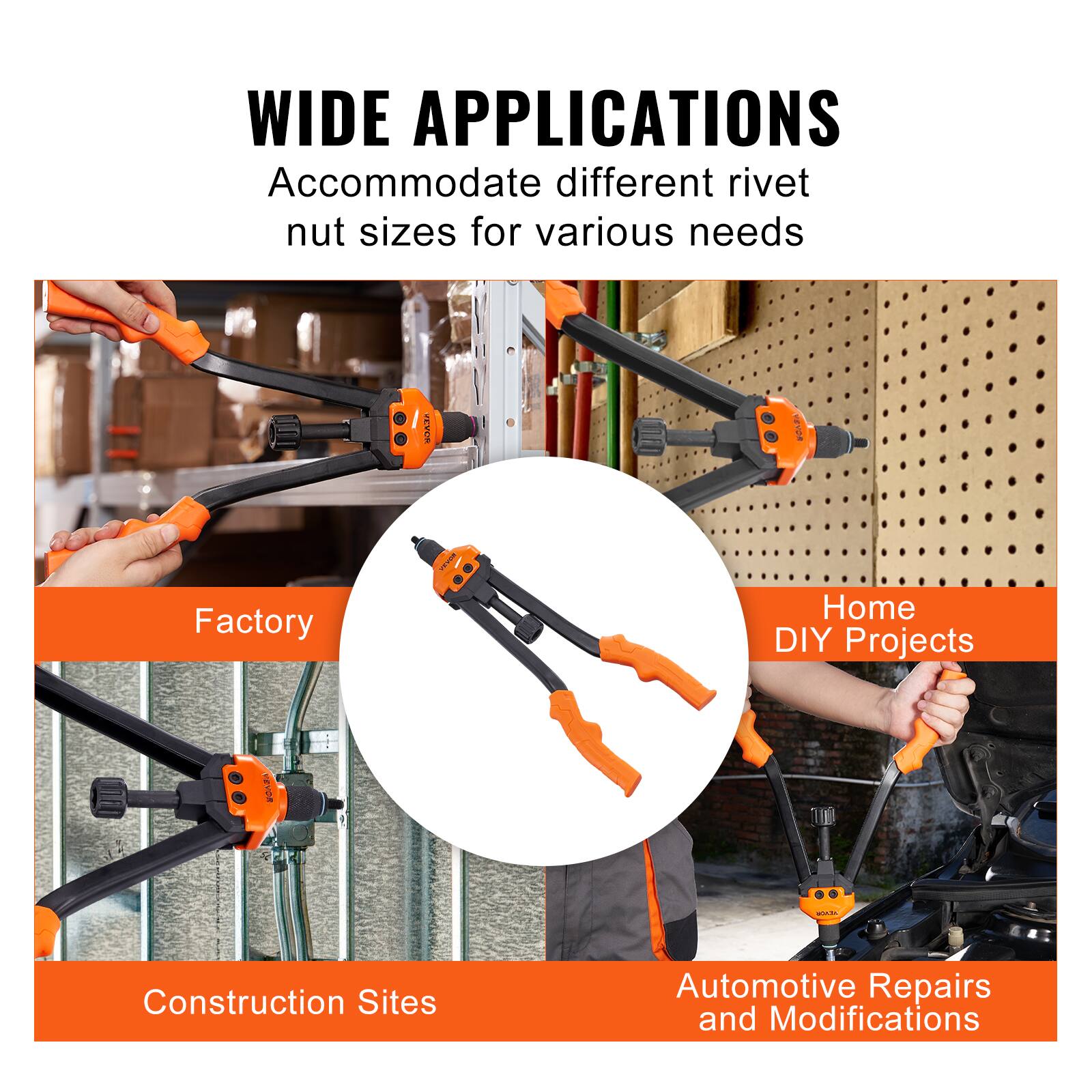 WIDE APPLICATIONS  
Accommodate different rivet nut sizes for various needs  

- Factory  
- Construction Sites  
- Home DIY Projects  
- Automotive Repairs and Modifications