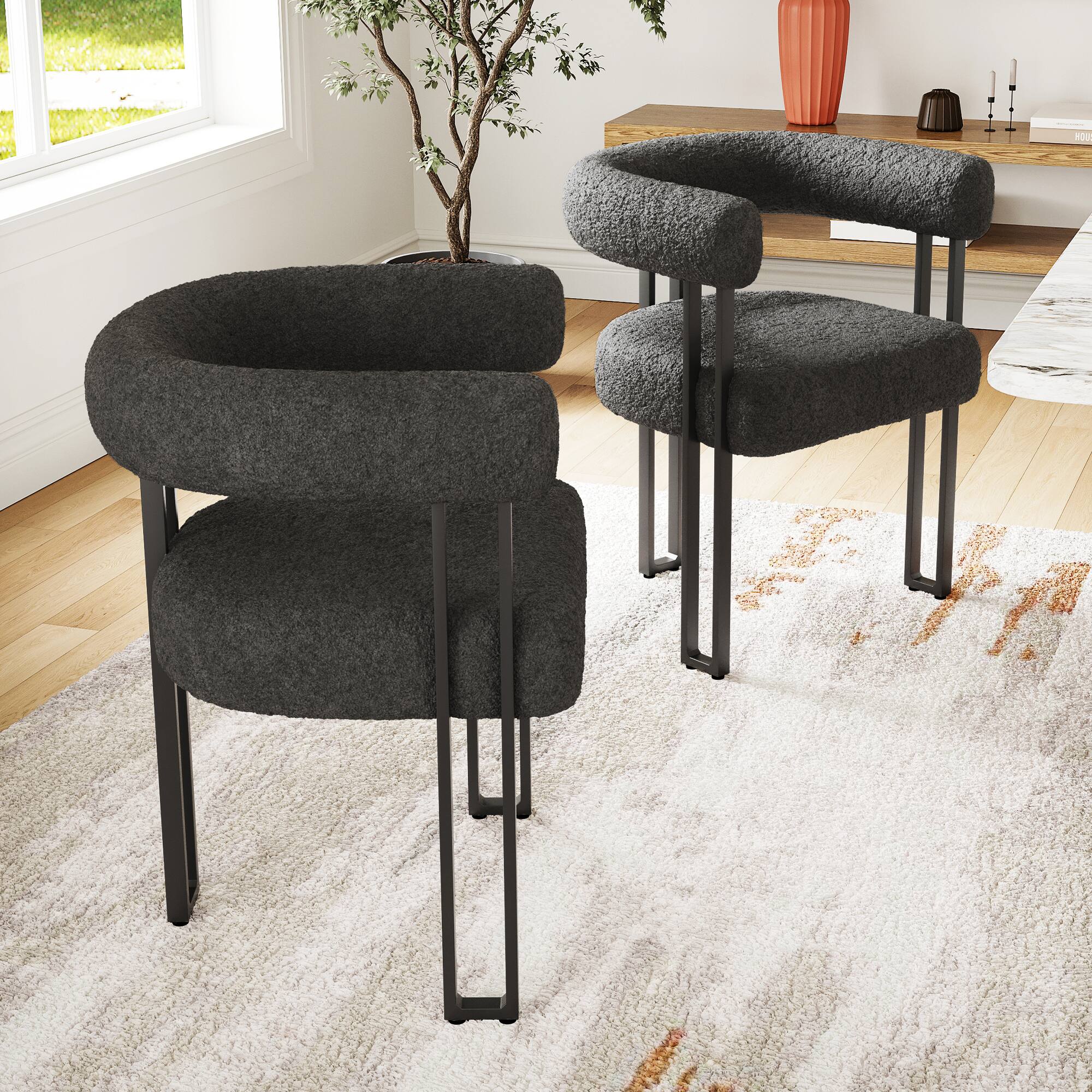 Alt View 5. Boyel Living - Set of 2 Upholstered Dining Arm Chairs Boucle Fabric Accent Chairs with Metal Frame - Black.