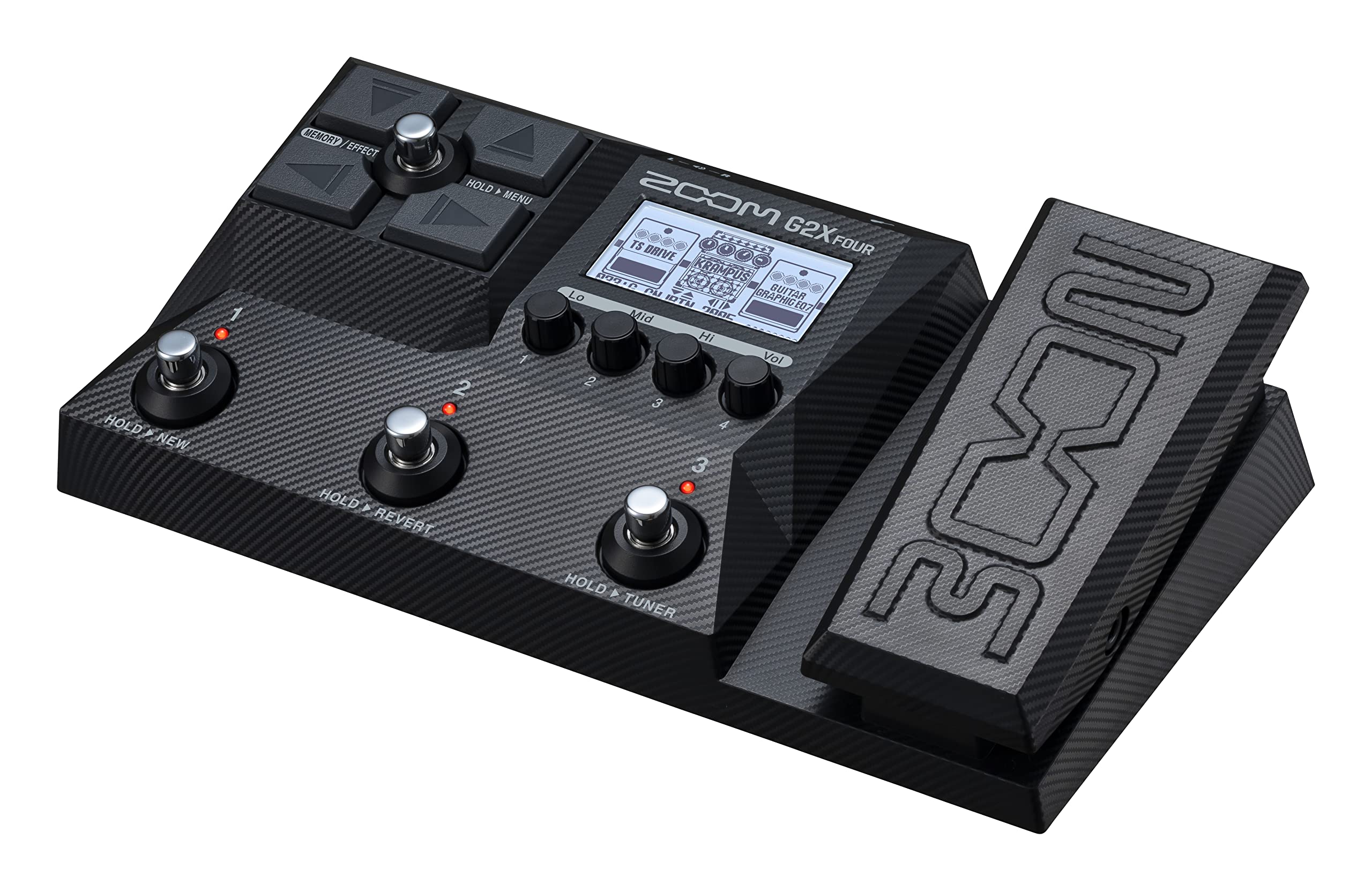 HOLD > NEW  
MEMORY EFFECT HOLD 4 REVERT  
HOLD 1 MENU  
MOOS TS DRIVE XXXXXXX G2X FOUR  
RAMPUS LO on infu GRAPHIC E07] GUITAR 2 AND Mid ODDC iH Vol 2 3 4.  
HOLD A TUNER 3