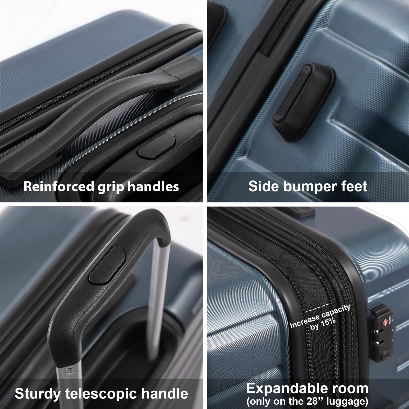 - Reinforced grip handles
- Side bumper feet
- Sturdy telescopic handle
- Expandable room (only on the 28" luggage)
- Increase capacity by 15%