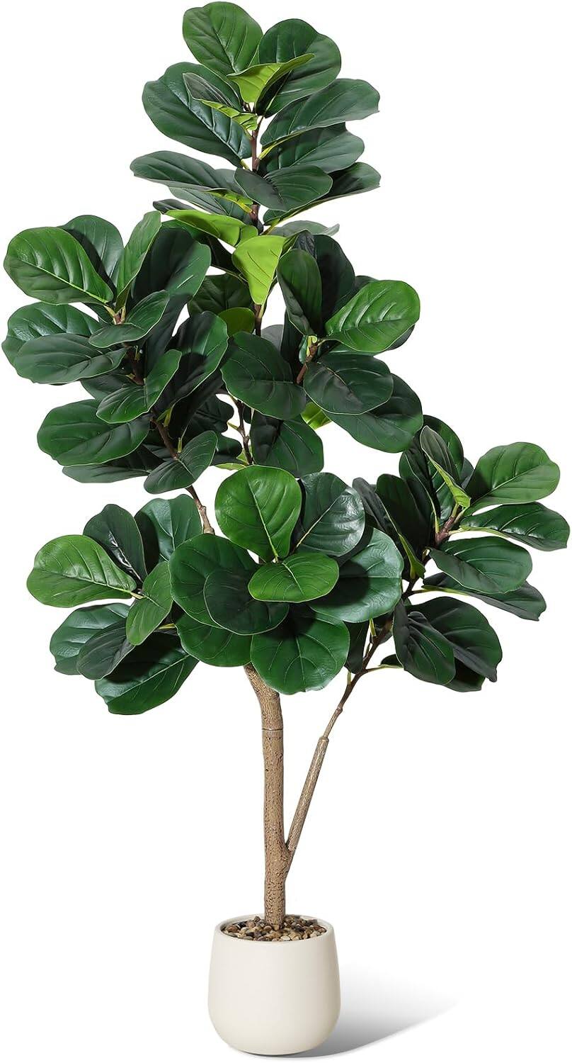 Alt View 4. Homhougo - 5FT Fiddle Leaf Fig Tree Artificial with 77 Leaves - Realistic Faux Ficus Lyrata Trees in 7.8" White Planter Pot - Green.