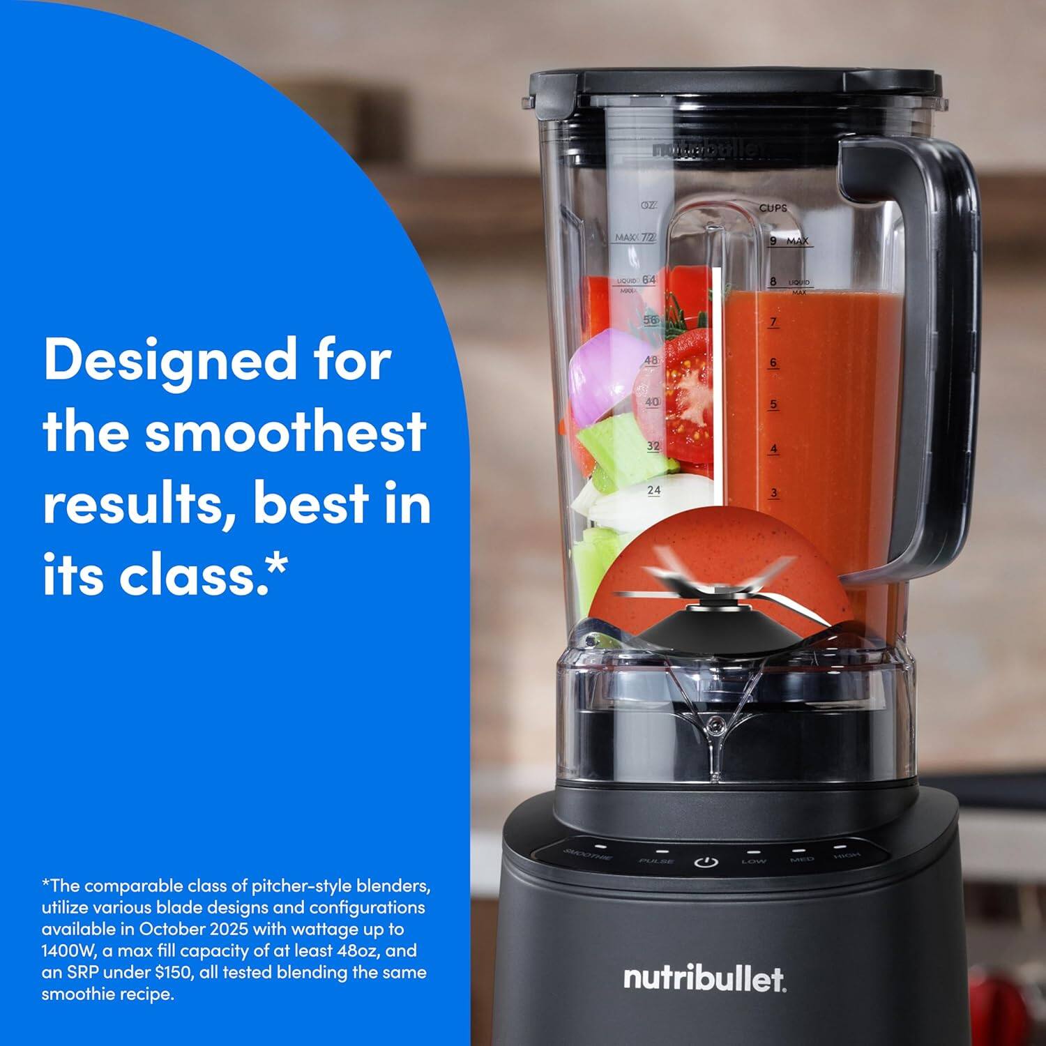 Designed for the smoothest results, best in its class.*

*The comparable class of pitcher-style blenders, utilize various blade designs and configurations available in October 2025 with wattage up to 1400W, a max fill capacity of at least 48oz, and an SRP under $150, all tested blending the same smoothie recipe.

nutribullet.