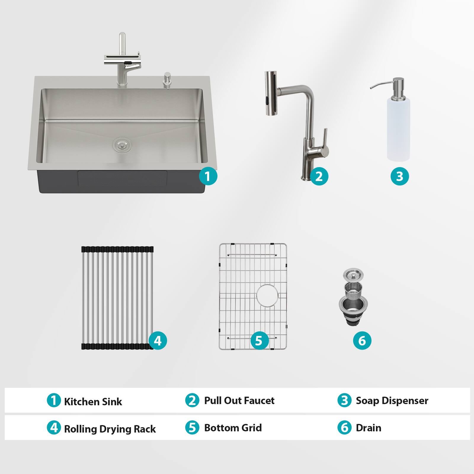 1. Kitchen Sink  
2. Pull Out Faucet  
3. Soap Dispenser  
4. Rolling Drying Rack  
5. Bottom Grid  
6. Drain