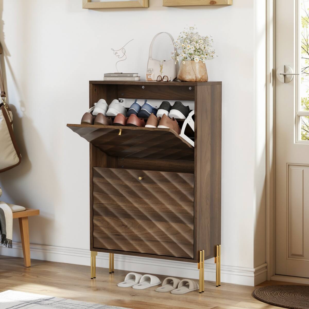 Angle. HTUTWOO - 23.6 Inch Shoe Cabinet - Freestanding Organizer with Anti-Tipping Device for Entryway, Hallway, and Small Spaces - Brown.