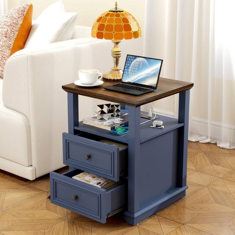 Left. Vipbear - Vipbear Farmhouse Nightstand with Charging Station 18" White Night Stand Set of 2 Drawers Wood Bedside End Table - BLUE.