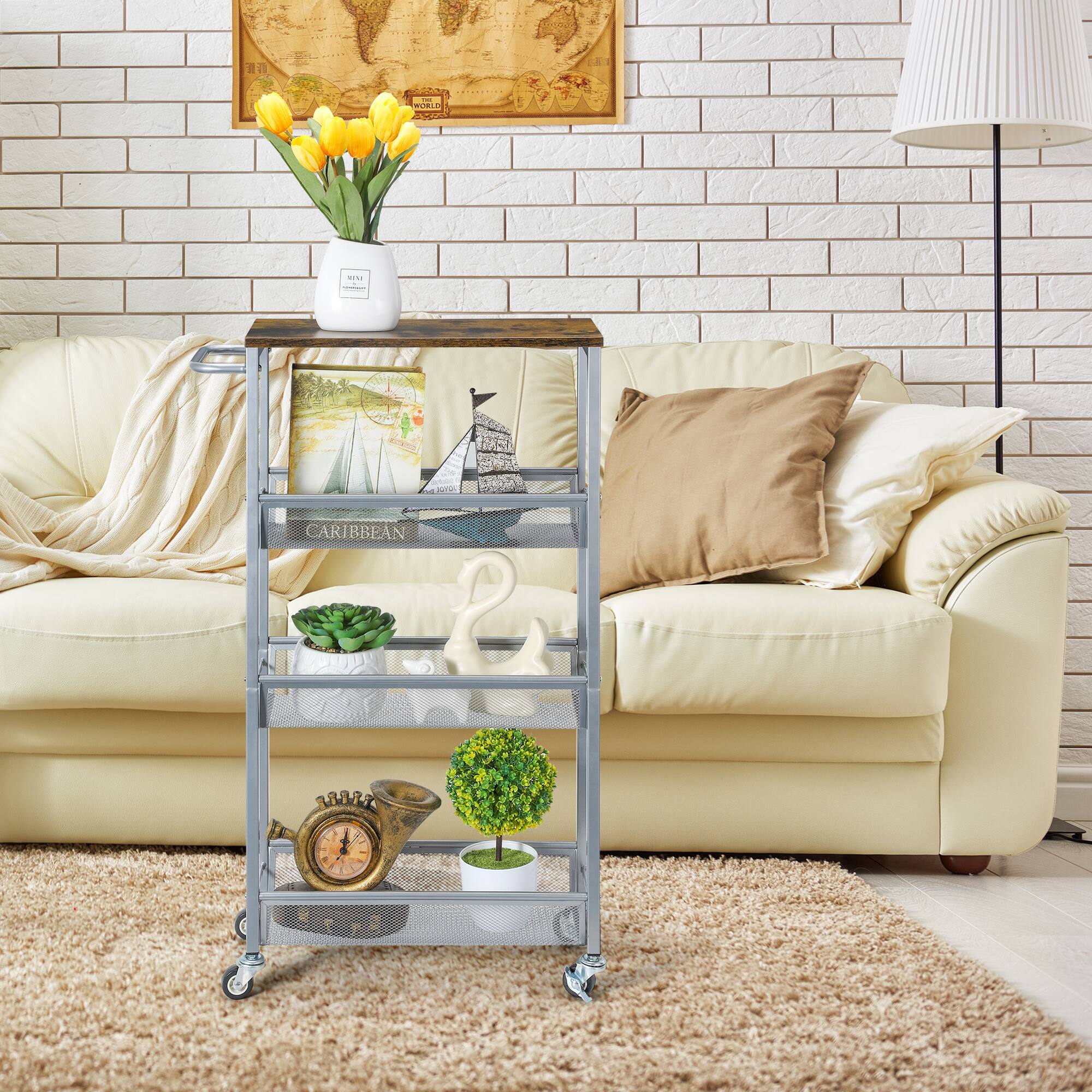 Alt View 1. Oumilen - 4-Tier Slim Silver Rolling Gap Storage Cart with Wooden Top, Narrow Slide Out Mesh Organizer Trolley - White.