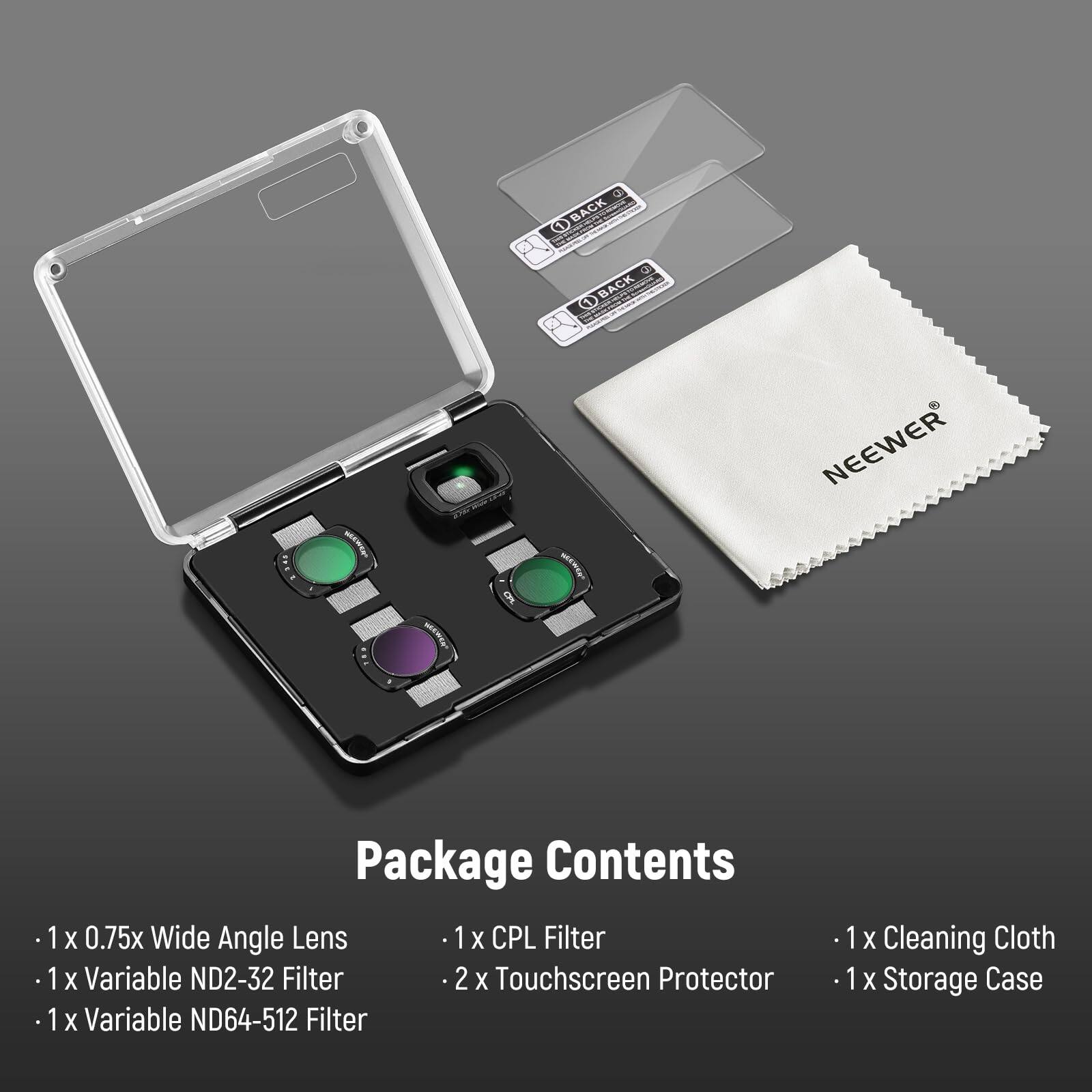 Package Contents

- 1 x 0.75x Wide Angle Lens
- 1 x Variable ND2-32 Filter
- 1 x Variable ND64-512 Filter
- 1 x CPL Filter
- 2 x Touchscreen Protector
- 1 x Cleaning Cloth
- 1 x Storage Case