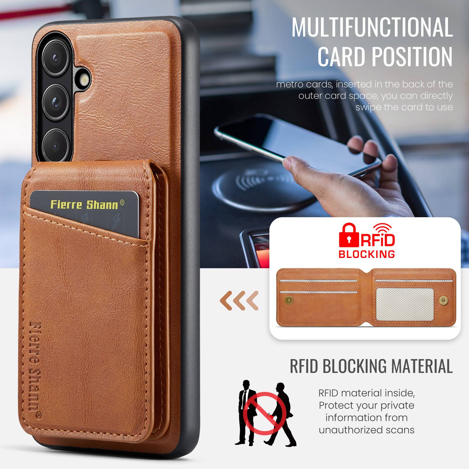 MULTIFUNCTIONAL CARD POSITION  
metro cards, inserted in the back of the outer card space, you can directly swipe the card to use  

Fierre Shann RFID BLOCKING  
RFID BLOCKING MATERIAL  
RFID material inside, Protect your private information from unauthorized scans