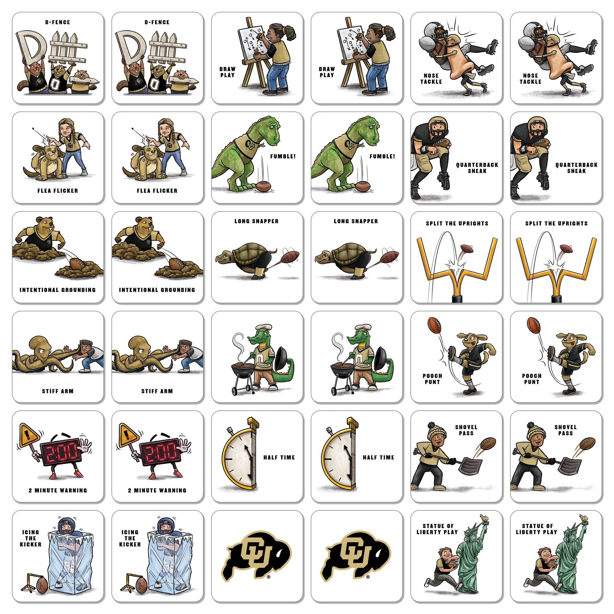 - D-FENCE
- DRAW PLAY
- NOSE TACKLE
- FUMBLE!
- FLEA FLICKER
- LONG SNAPPER
- INTENTIONAL GROUNDING
- STIFF ARM
- 2 MINUTE WARNING
- HALF TIME
- POACH PUNT
- SHOVEL PASS
- ICING THE KICKER
- STATUE OF LIBERTY PLAY