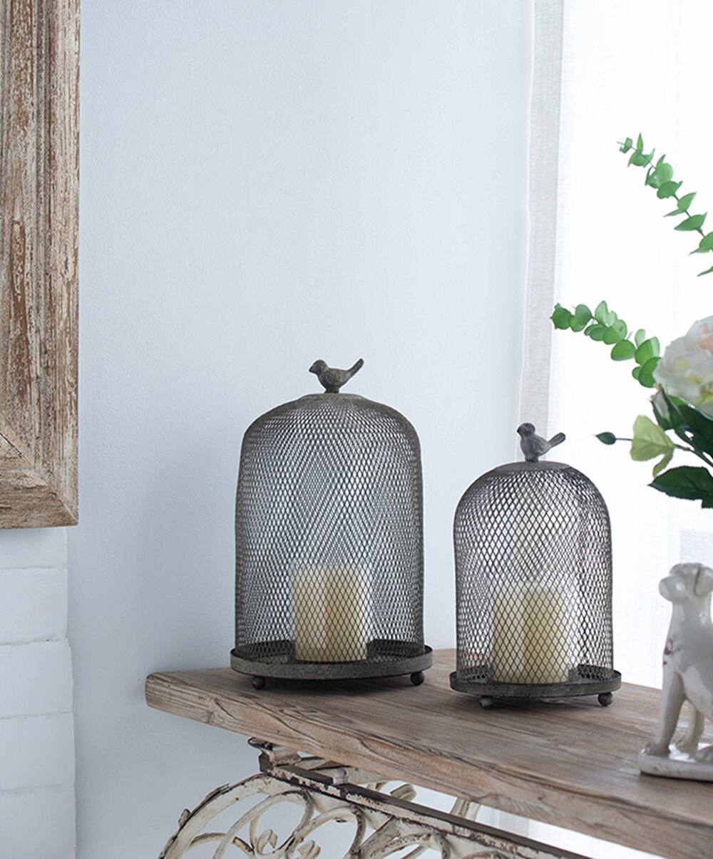 Left. TinyHomie - Set of 2 Ophira Sparrow Antique Gray Mesh Candle Holders L D85x13 S D7x10.