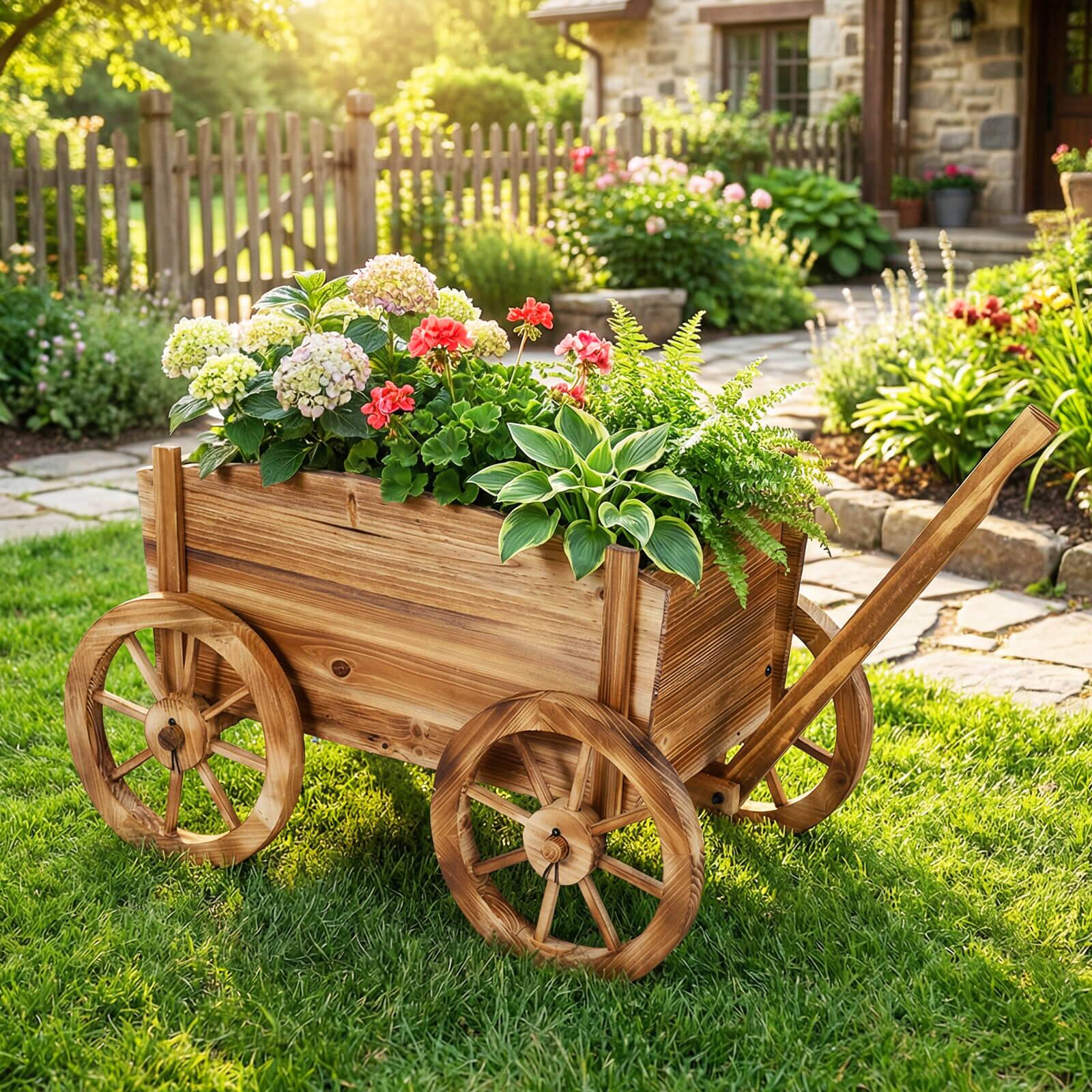 Alt View 3. Costway - Costway 1 PCS Rustic Wood Wagon Planter with Wheels,Handle&Drainage Hole for Patio Balcony Garden - Natural.
