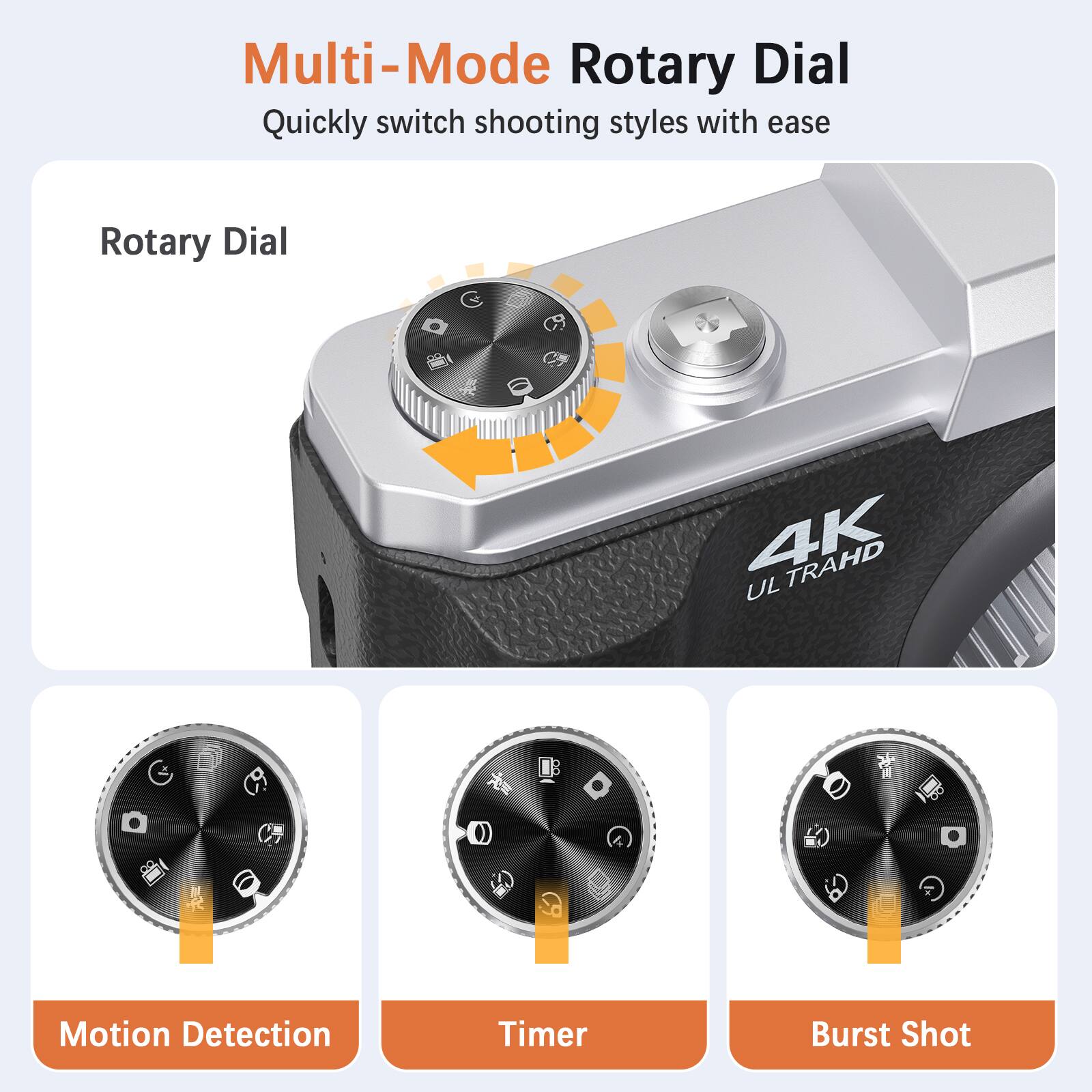 Multi-Mode Rotary Dial  
Quickly switch shooting styles with ease  

Rotary Dial  

Motion Detection  
Timer  
Burst Shot