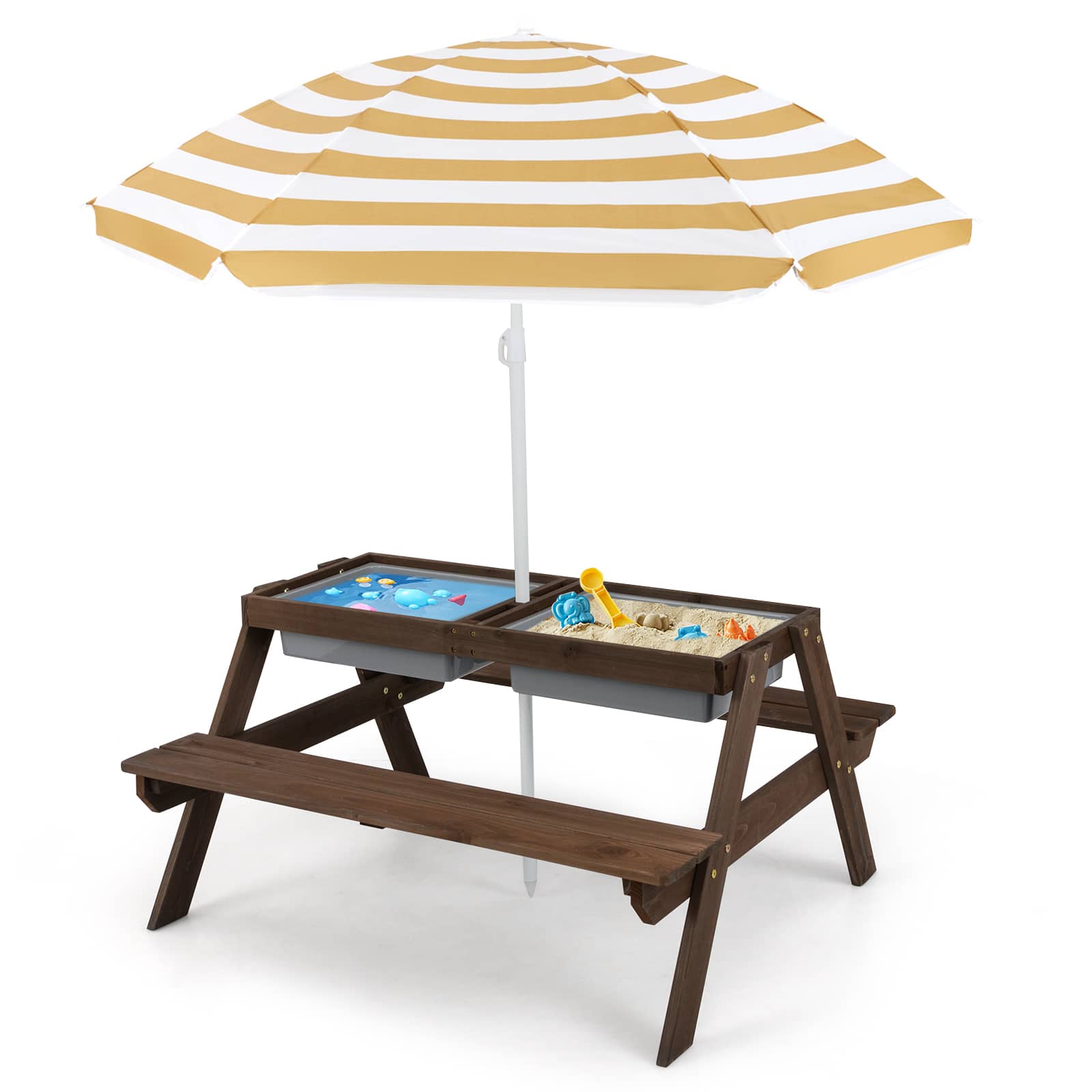 Costway - 3-in-1 Kids Picnic Table Wooden Outdoor Sand & Water Table with Umbrella Play Boxes - Brown price history on PriceWatchPro