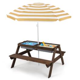 Costway - 3-in-1 Kids Picnic Table Wooden Outdoor Sand & Water Table with Umbrella Play Boxes - Brown