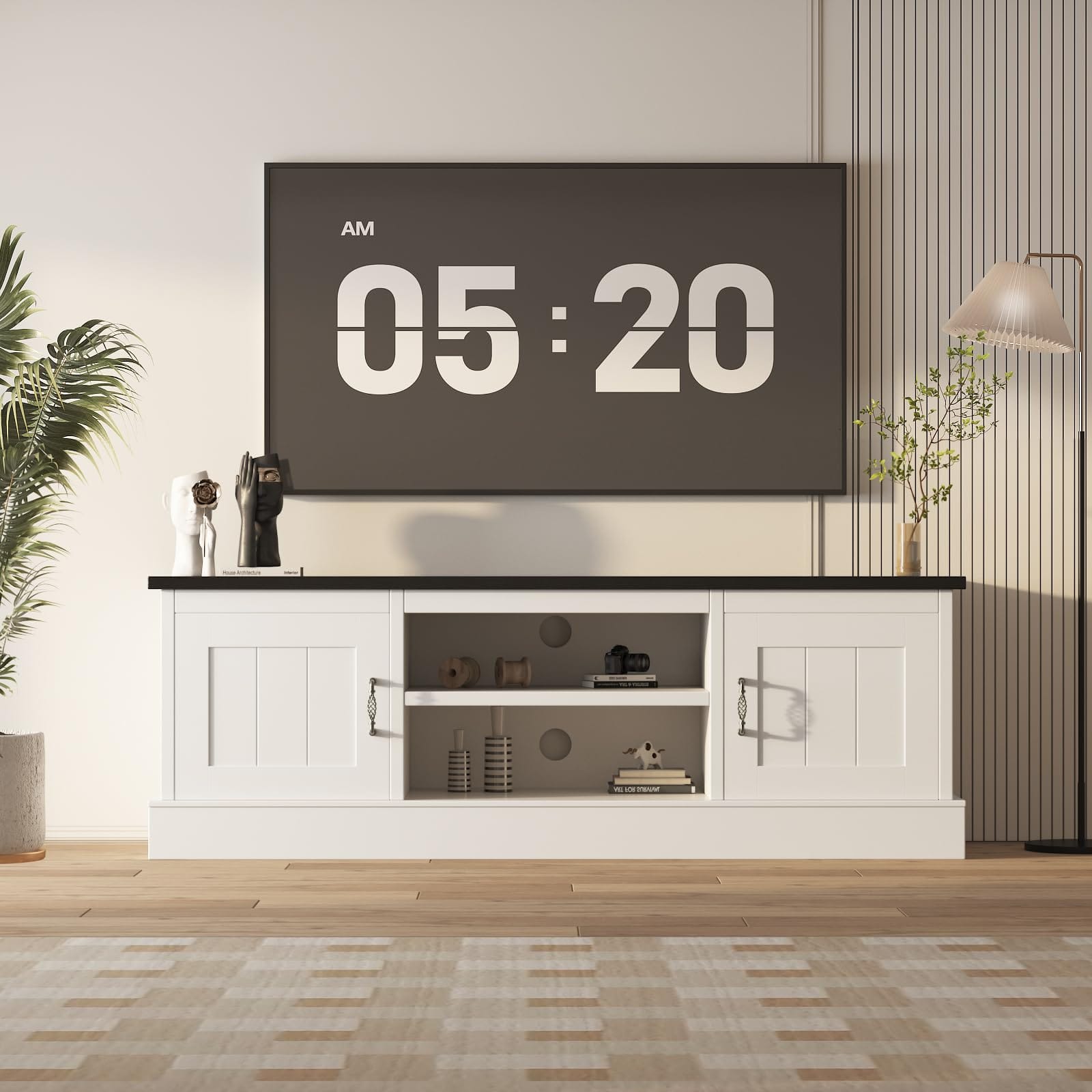 GARVEE - Farmhouse TV Stand for 65 in TVs Entertainment Center with Storage Cabinets Modern Console Table Rustic Wood Design - White&black