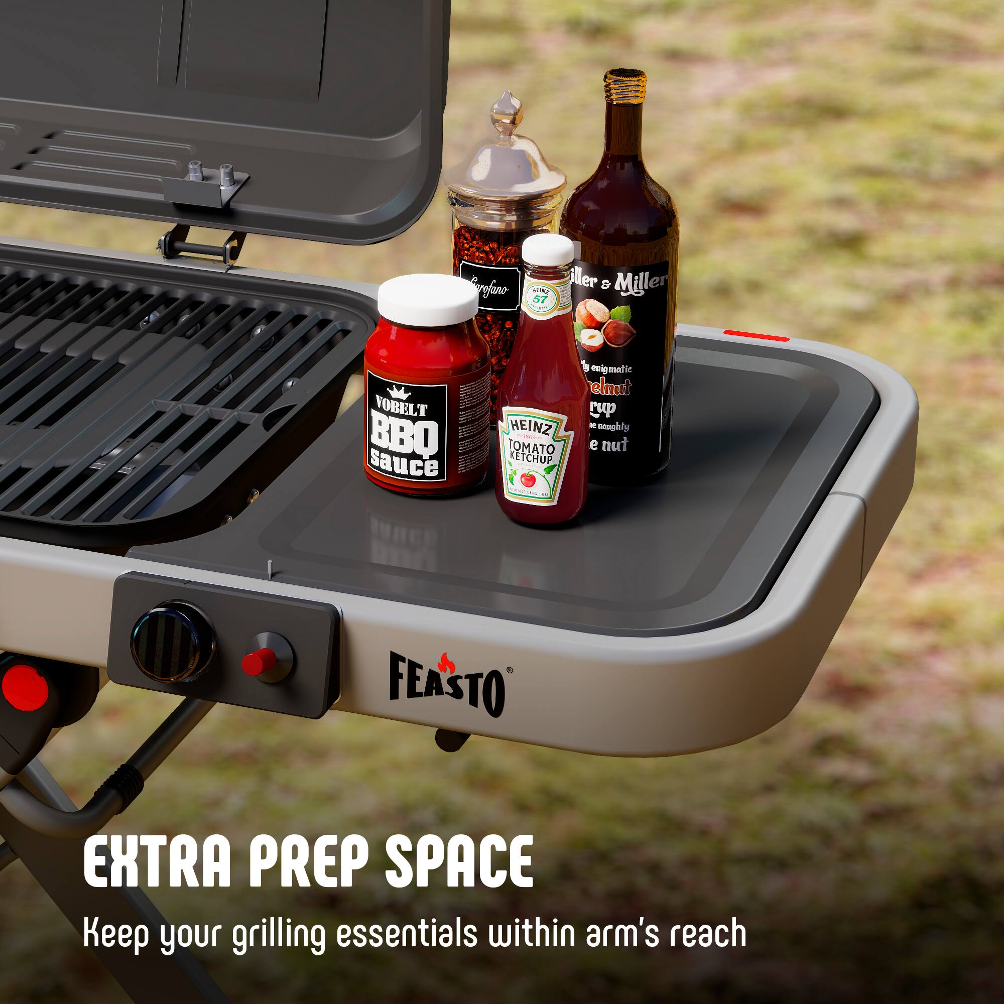 Parglin's Miller D Mille 57 C VOBELT BBQ sauce HEINZ - TOMATO KETCHUP C mele eigmatic elnut ru . naughty e nut FEASTO EXTRA PREP SPACE Keep your grilling essentials within arm's reach