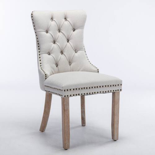 Angle. LUCKY ONE - Assembled Tufted Linen Dining Chair Set of 2 with Wood Legs Nailhead Trim High Back - Beige.