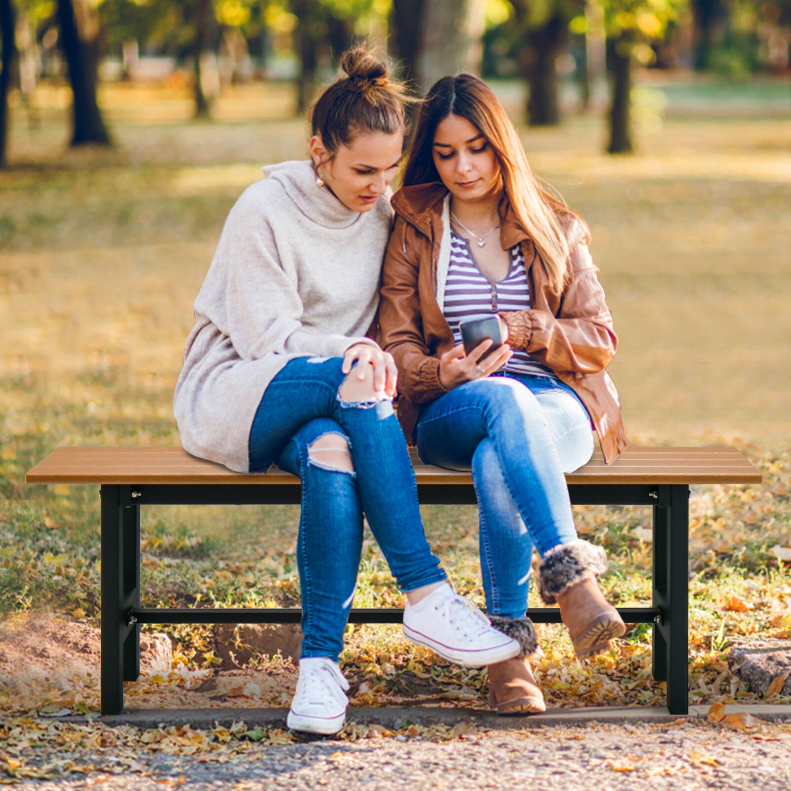 Alt View 1. Costway - Costway 2PCS Outdoor HDPE Bench with Metal Frame 47" x 14" x 16" for Yard Garden - Brown.