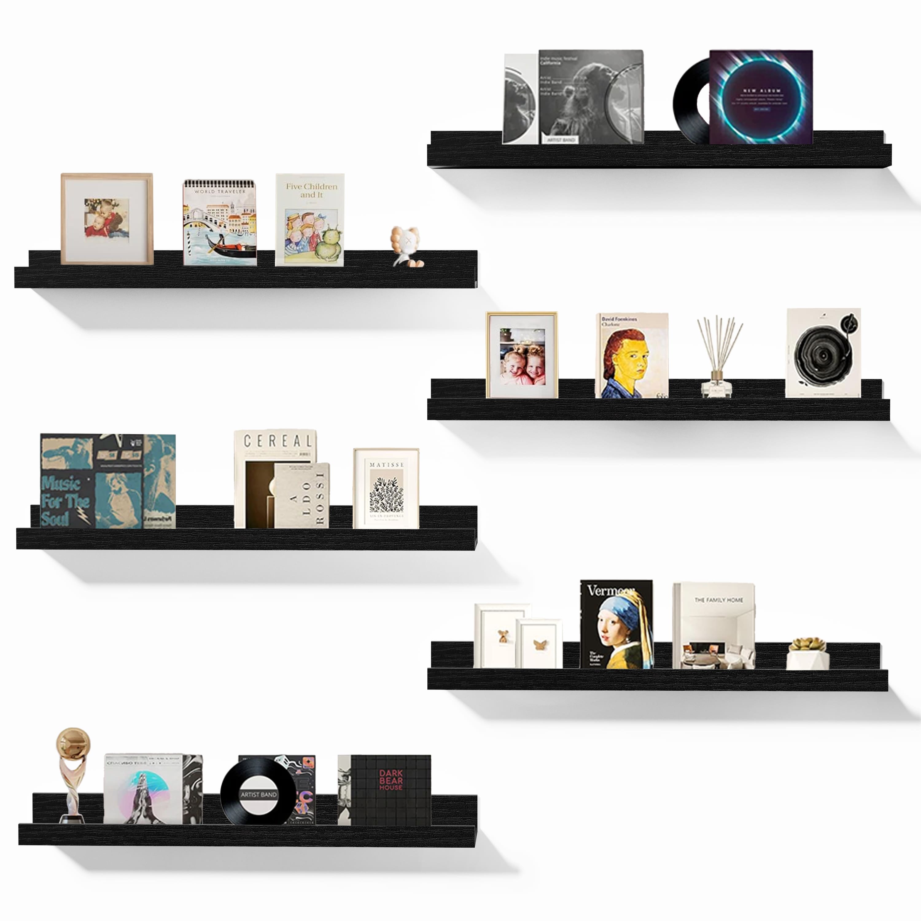 BOMEDA - 6 Pack 24 in Floating Shelves Picture Ledge, Wall Mounted Shelves for Living Room, Bedroom & Nursery Storage Display - Black