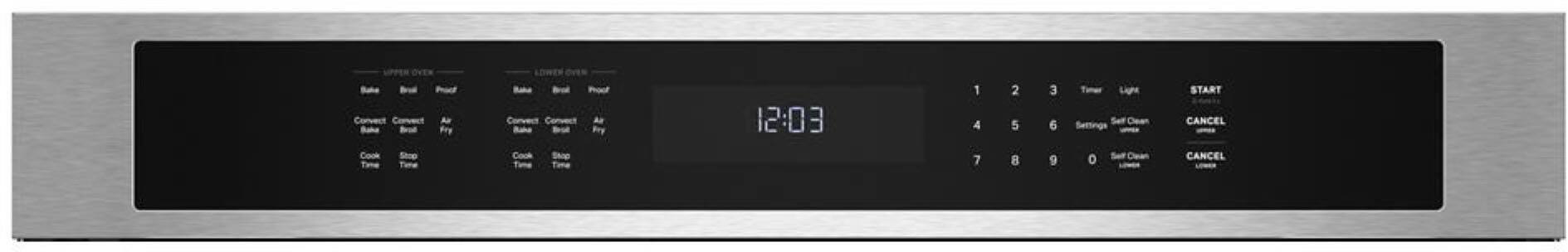 Sure, here is the corrected and grouped text from the image:

**Upper Oven:**
- Bake
- Broil
- Proof
- Convect Bake
- Convect Broil
- Air Fry
- Cook Time
- Shop Time

**Lower Oven:**
- Bake
- Broil
- Proof
- Convect Bake
- Convect Broil
- Air Fry
- Cook Time
- Shop Time

**Timer:**
- 12:03

**Buttons:**
- 1 2 3
- 4 5 6
- 7 8 9
- 0

**Settings:**
- Timer
- Light
- Settings
- Self Clean

**Start/Cancel:**
- START
- CANCEL
- CANCEL