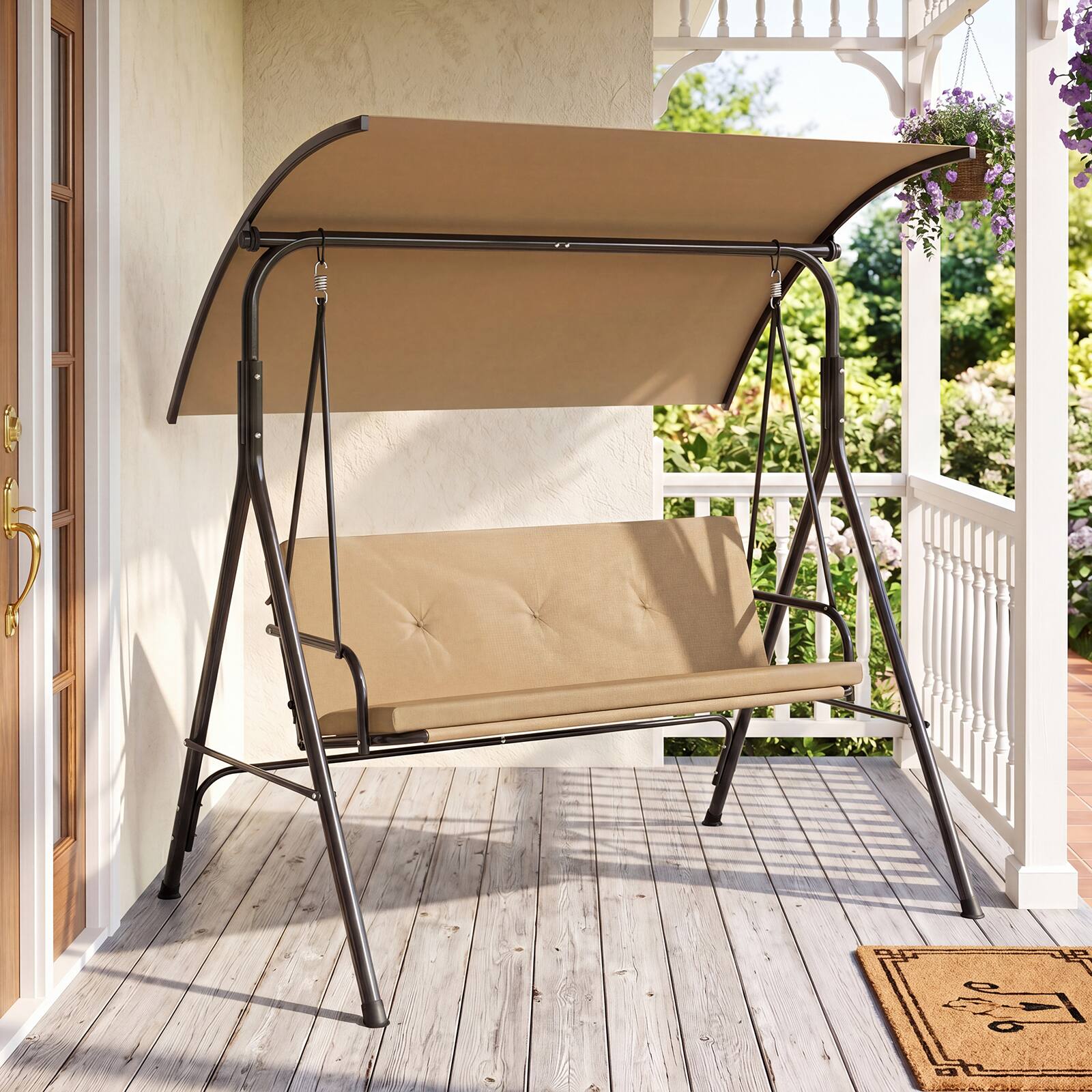 Alt View 1. Costway - Costway Swing Chair with Adjustable Canopy,Swing with Removable Cushion&Heavy-duty Metal Stand - Beige.