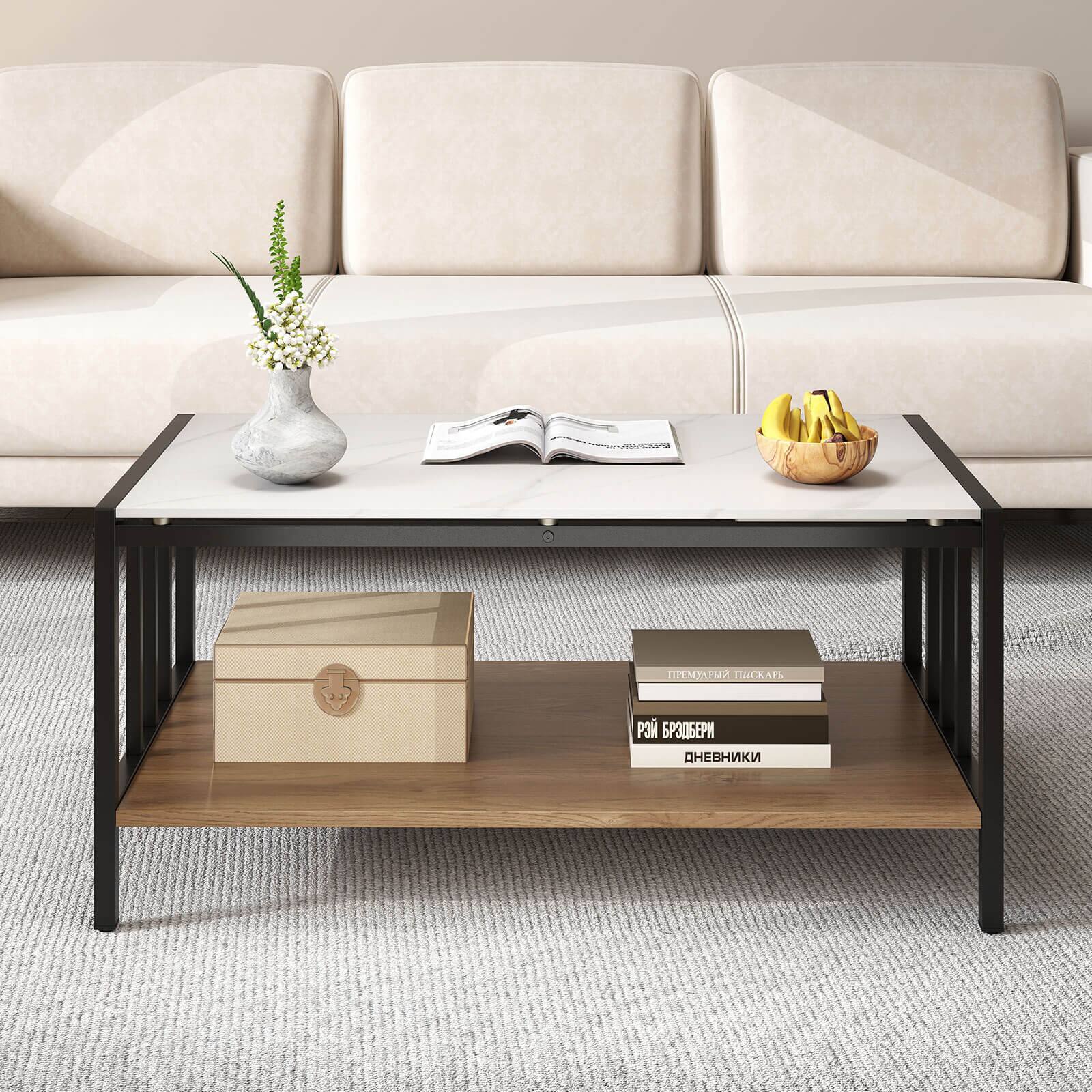 Alt View 3. Costway - Costway 2-Tier Rectangular Coffee Table with Rock Slab Tabletop Open Shelf for Living Room - White.