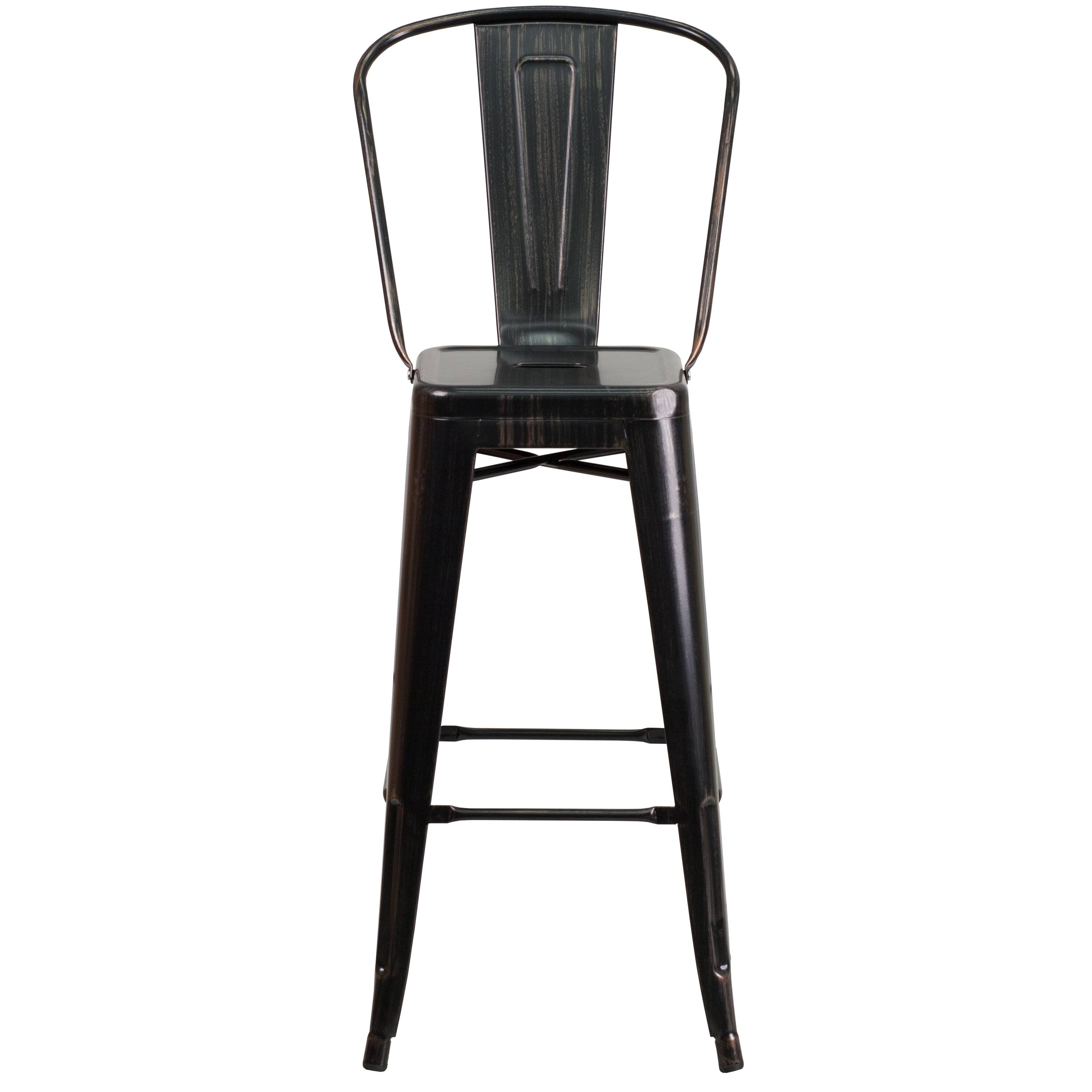 Alt View 7. Emma + Oliver - Commercial Grade 30"H Colorful Metal Indoor-Outdoor Barstool with Back - Black-Antique Gold.