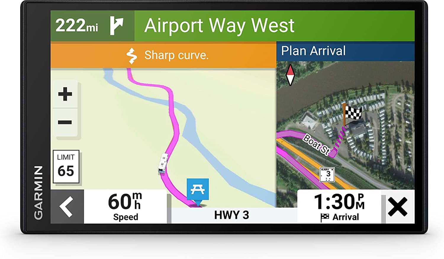 222mi Airport Way West  
Sharp curve.  
Plan Arrival  

GARMIN  
LIMIT 65  
60mph Speed  

HWY 3  
Boat St  

1:30 PM Arrival