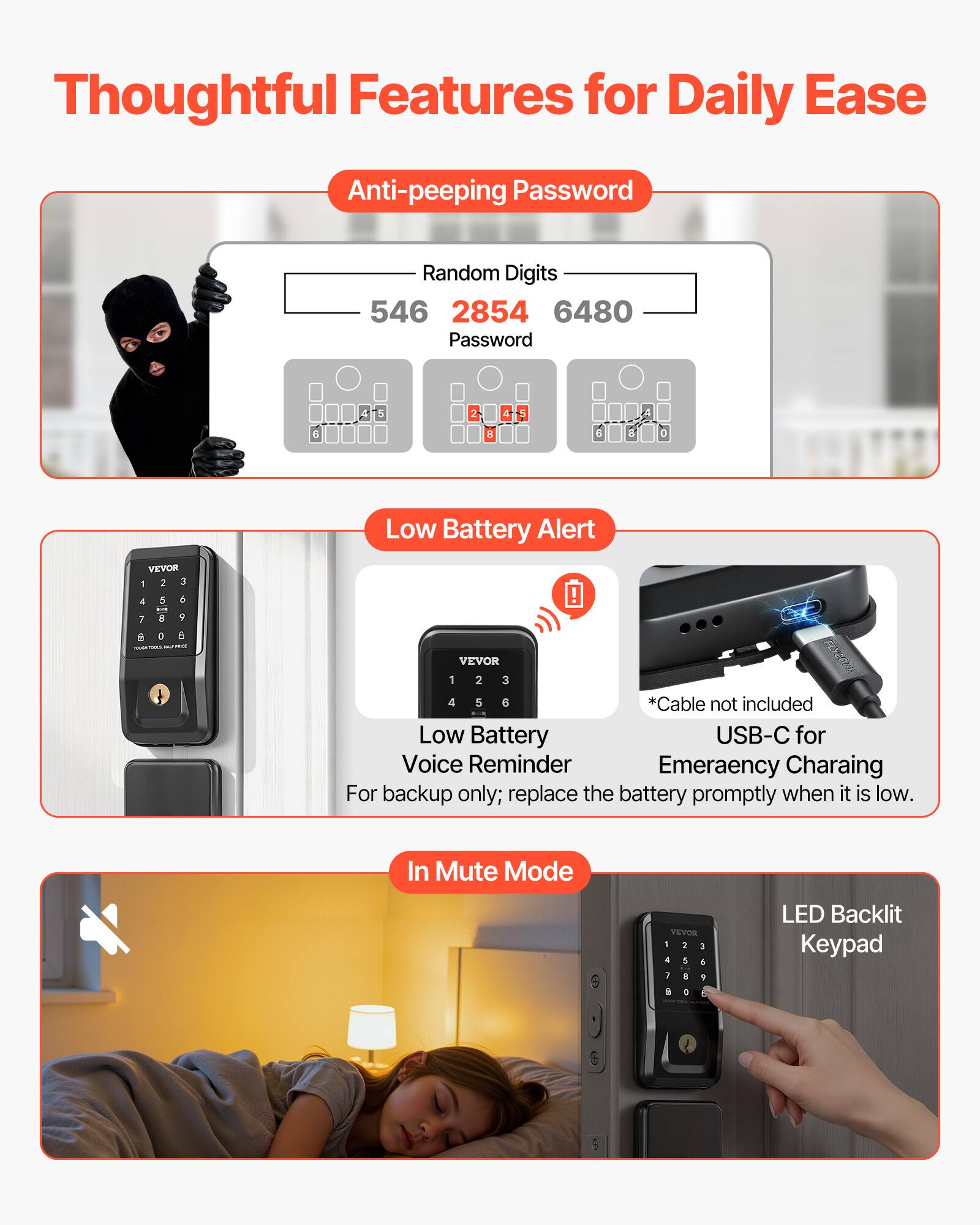 Thoughtful Features for Daily Ease

Anti-peeping Password
- Random Digits: 546 2854 6480
- Password: 6 4 5 2 a 4 5 a 6 A o

Low Battery Alert
- Low Battery Voice Reminder
- USB-C for Emergency Charging
  - *Cable not included
- For backup only; replace the battery promptly when it is low.

In Mute Mode

LED Backlit Keypad