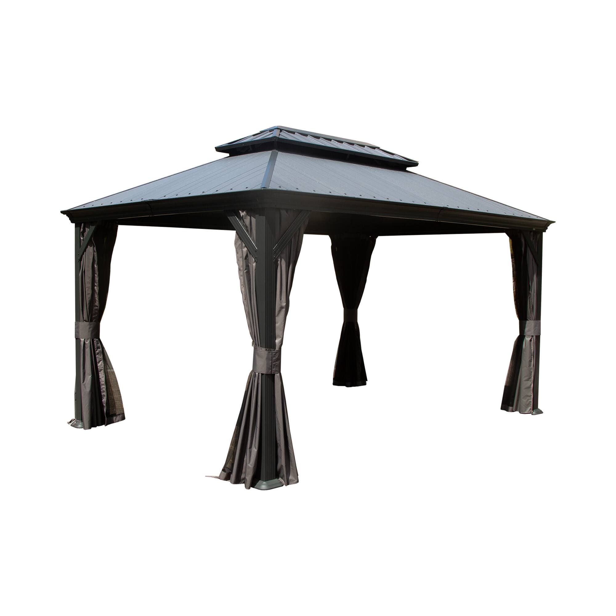 Left. Mondawe - 12x16 Metal Gazebo With Resin Roof ,Curtains and Mosquito Netting Included - Dark Gray.