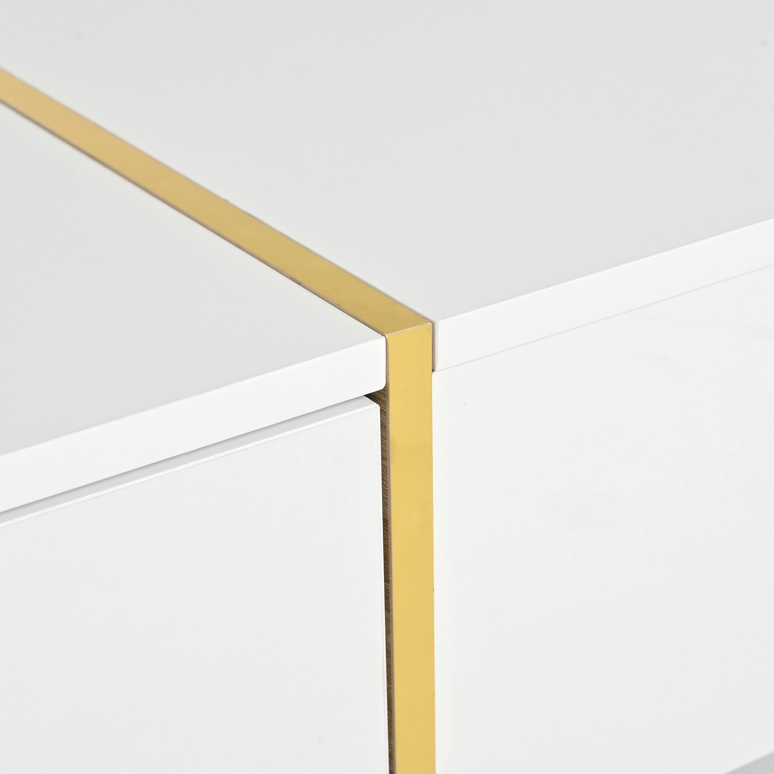 Alt View 8. Tiramisubest - Minimalist High Gloss Coffee Table with 2 Drawers,Multi-Storage Rectangle Sofa Table with Golden Wood Grain Legs,White - White.