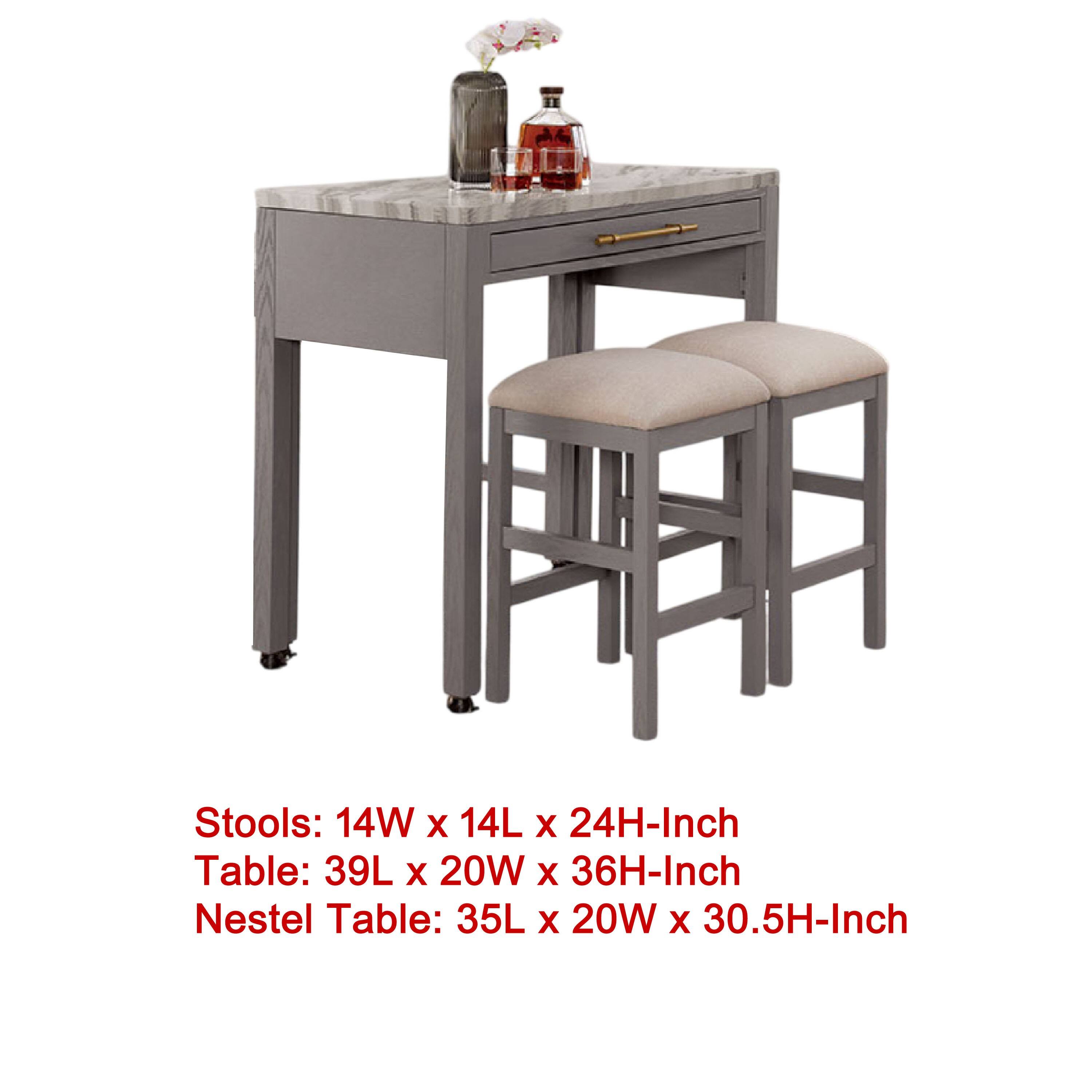 Stools: 14W x 14L x 24H-Inch  
Table: 39L x 20W x 36H-Inch  
Nestel Table: 35L x 20W x 30.5H-Inch