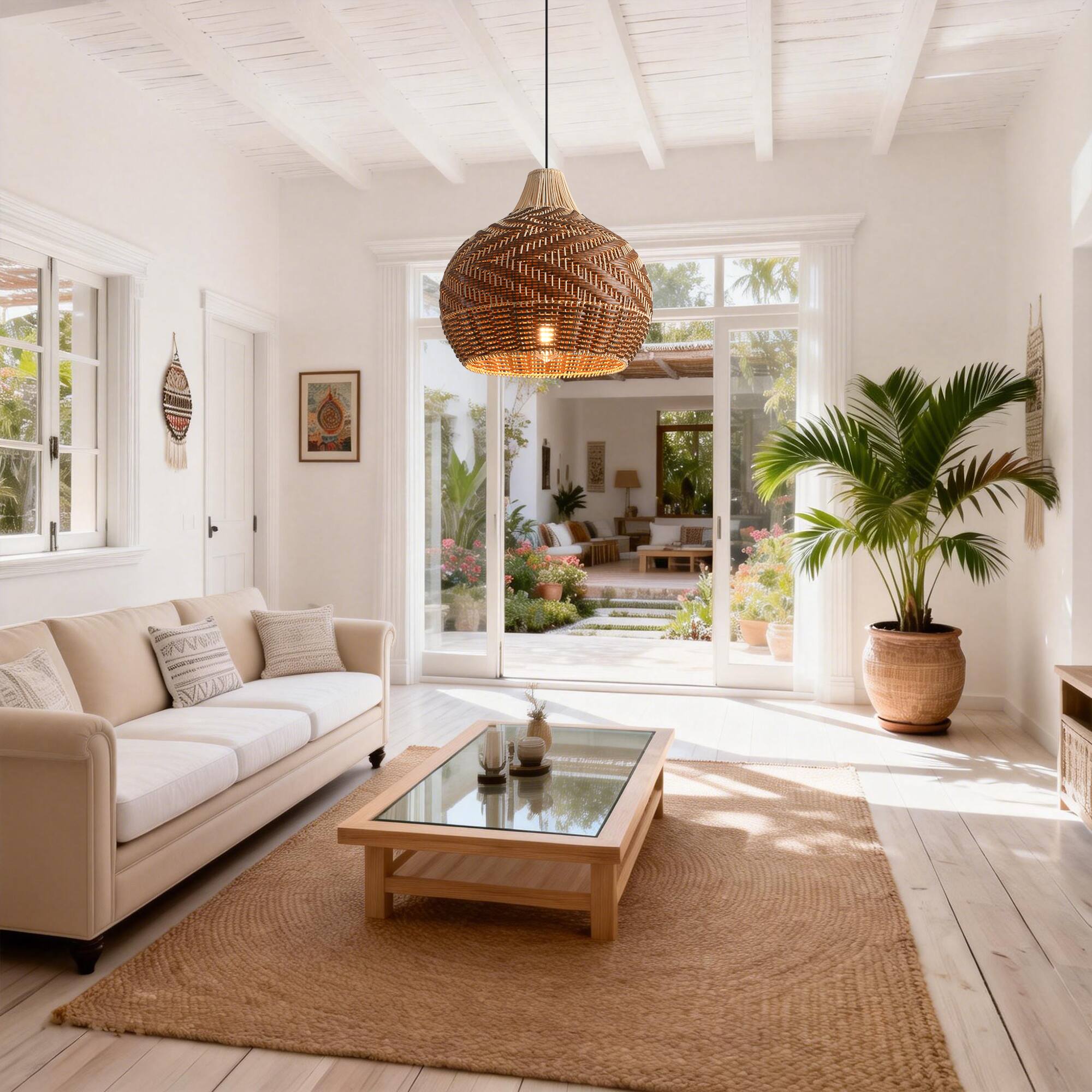 Back. Parrot Uncle - 1-Light Boho Brown me Hand-Woven Cloche Hanging Basket Pendant Light.