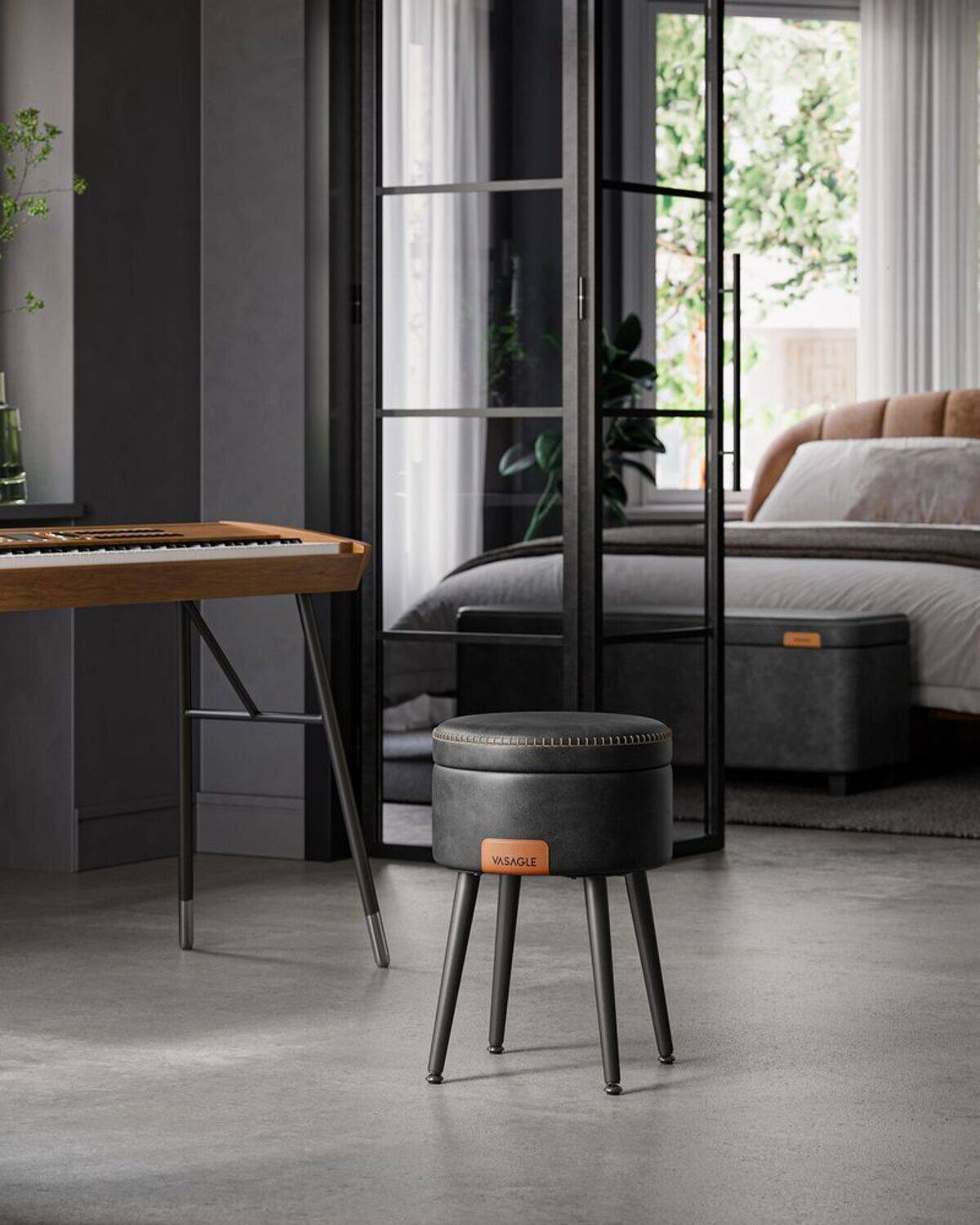 Left. Songmics Home - Storage Ottoman – Round Vanity Stool with Synthetic Leather in Black - Black.