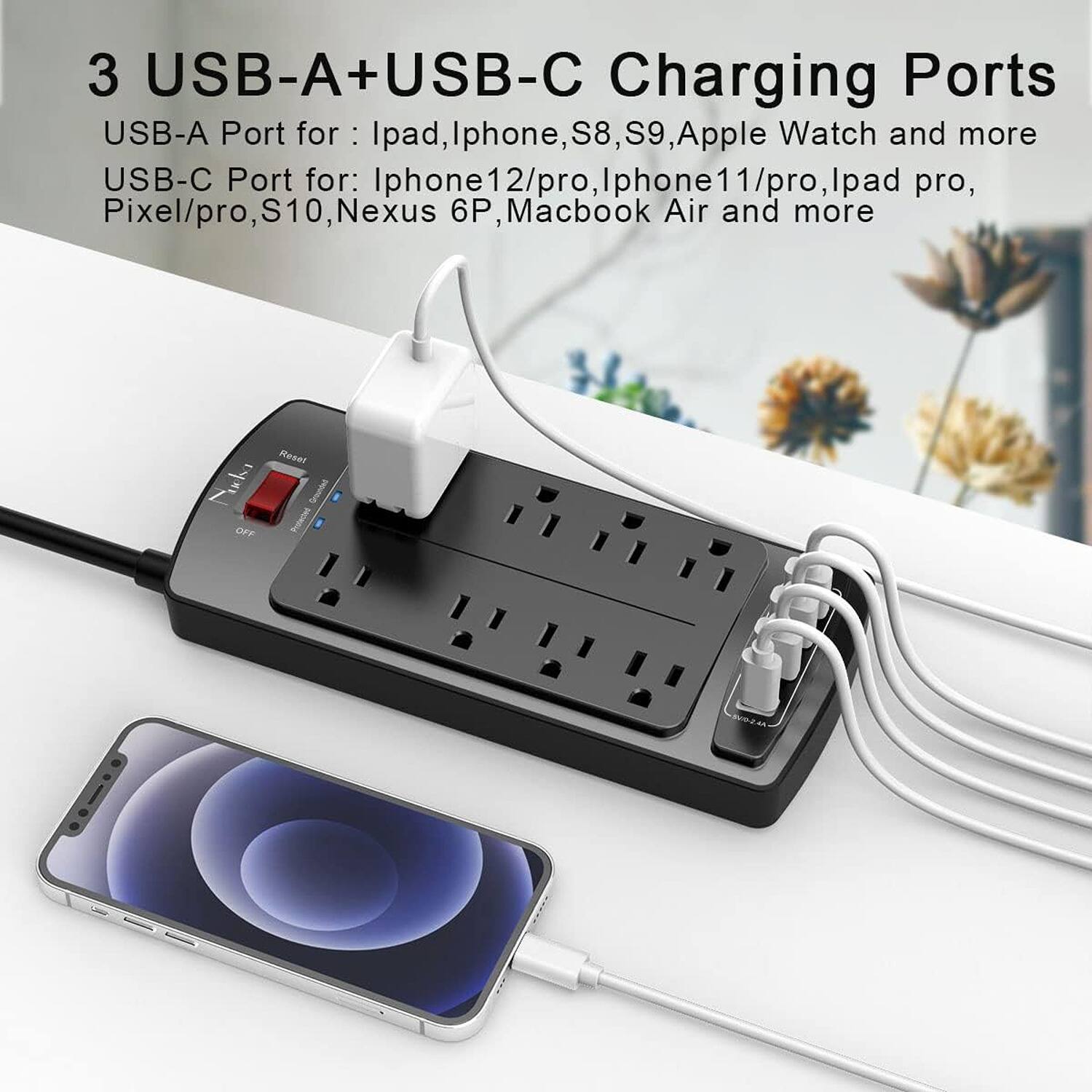 3 USB-A+USB-C Charging Ports
USB-A Port for : Ipad, Iphone, S8, S9, Apple Watch and more
USB-C Port for: Iphone12/pro, Iphone11/pro, Ipad pro, Pixel/pro, S10, Nexus 6P, Macbook Air and more