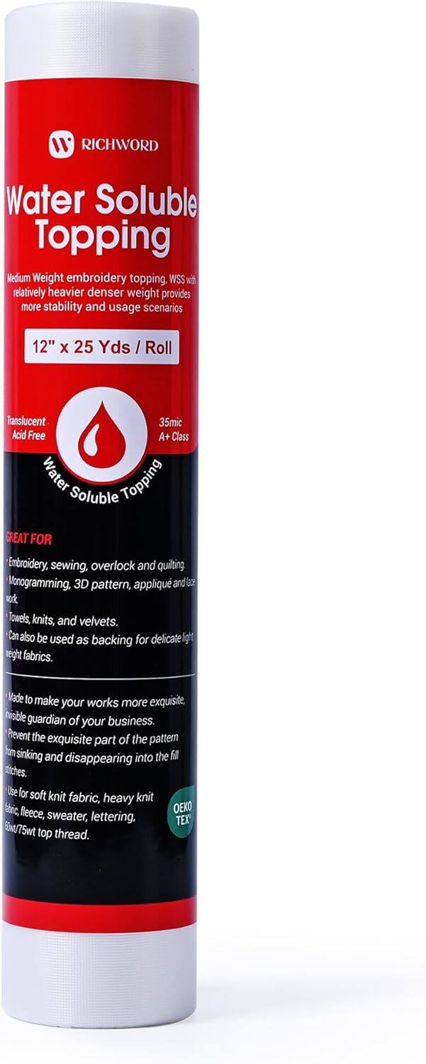 RICHWORD Water Soluble Topping  
Medium Weight embroidery topping, WSS with relatively heavier denser weight provides more stability and usage scenarios  
12" X 25 Yds / Roll  
Translucent  
35mic Acid Free A+ Class Water Topping  
GREAT FOR Embroidery, sewing, overlock and quilting Monogramming, 3D pattern, appliqué and lace work Towels, knits, and velvets. Can also be used as backing for delicate light weight fabrics.  
Made to make your works more exquisite, your nisble guardian of business. Prevent the exquisite part of the pattern from sinking and disappearing into stitches.  
Use for soft knit fabric, heavy knit fabric, fleece, OEKO sweater, lettering, TEX 50w0/75wt top thread.