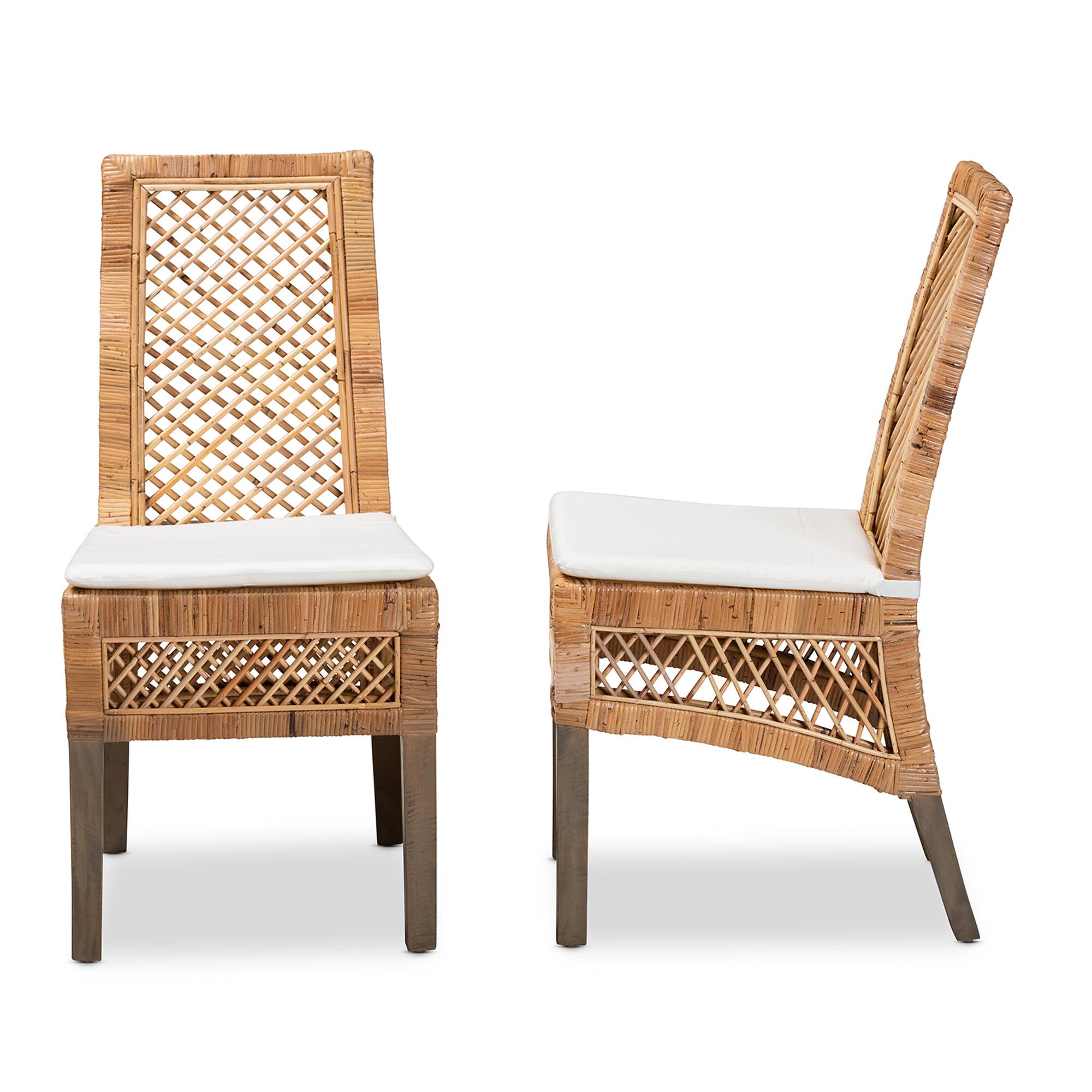 Left. bali & pari - Argos Modern Bohemian  Rattan 2-Piece Dining Chair Set - White/Natural Brown.