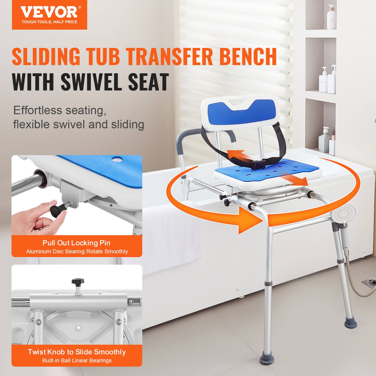VEVOR TOUGH TOOLS, HALF PRICE
SLIDING TUB TRANSFER BENCH WITH SWIVEL SEAT
Effortless seating, flexible swivel and sliding
Pull Out Locking Pin
Aluminum Disc Bearing Rotate Smoothly
Twist Knob to Slide Smoothly
Built-in Ball Linear Bearings
