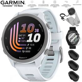 Garmin - Forerunner 170 Music GPS Smartwatch 43 mm Fiber-Reinforced polymer + Charging Dock & Protection Bundle - Whitestone/Cloud Blue - (2026)