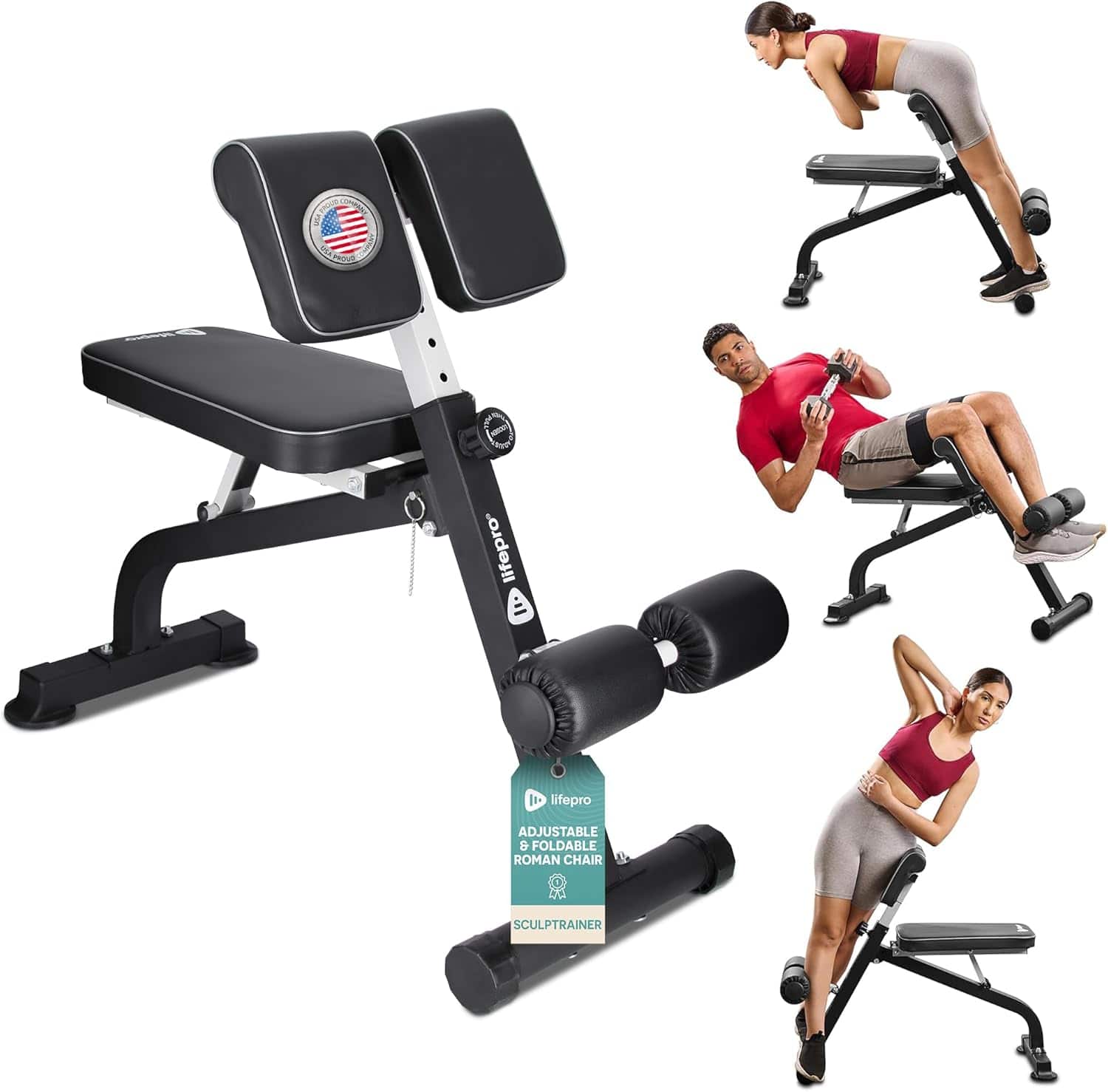 LifePro - SculptTrainer Roman Chair - Adjustable Hyperextension Bench & Foldable Ab Bench for Strength Training - Gray