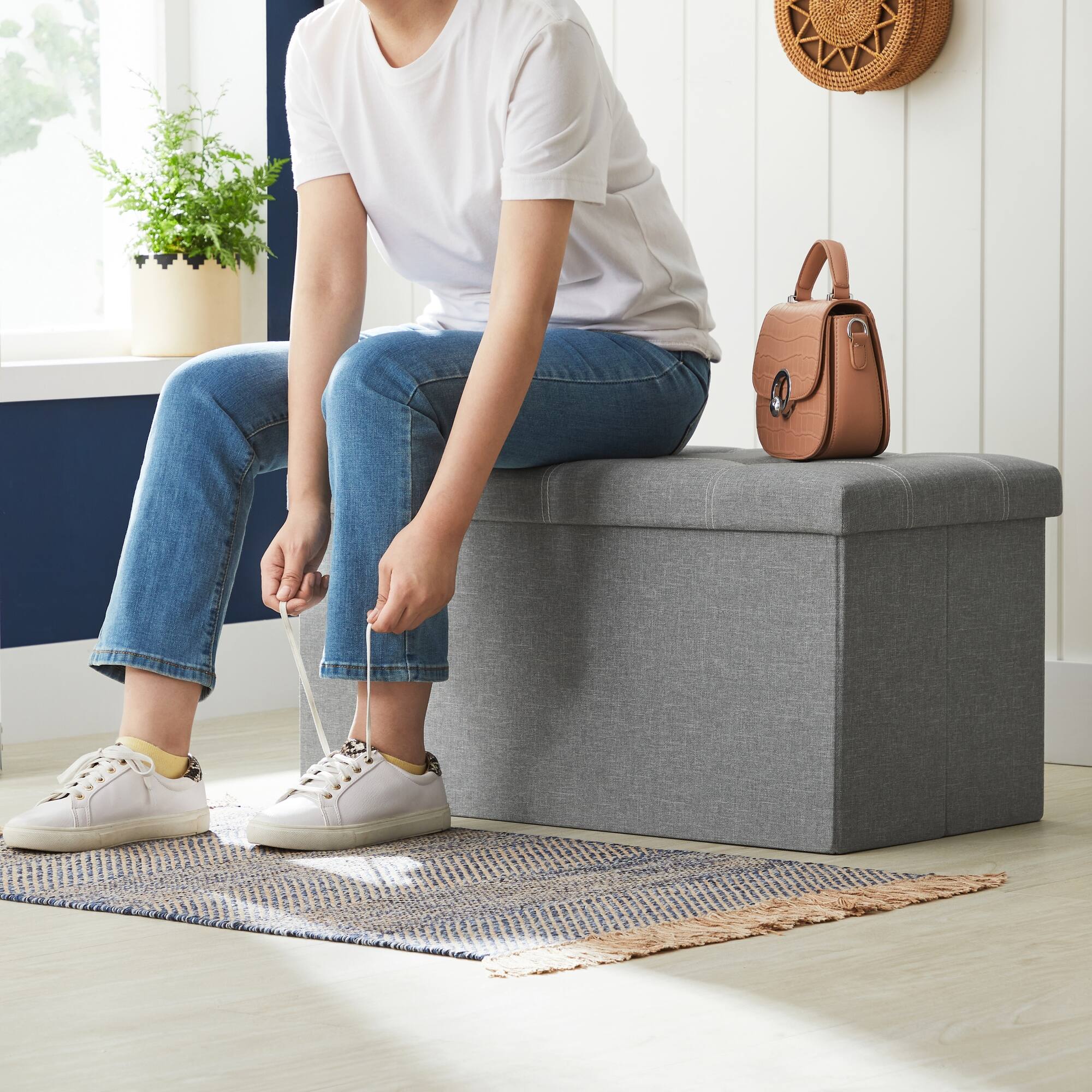 Alt View 2. Songmics Home - Ottoman Storage Bench, 21 Gal. Folding Chest with Breathable Linen-Look Fabric, Holds 660 lb - Light Gray.