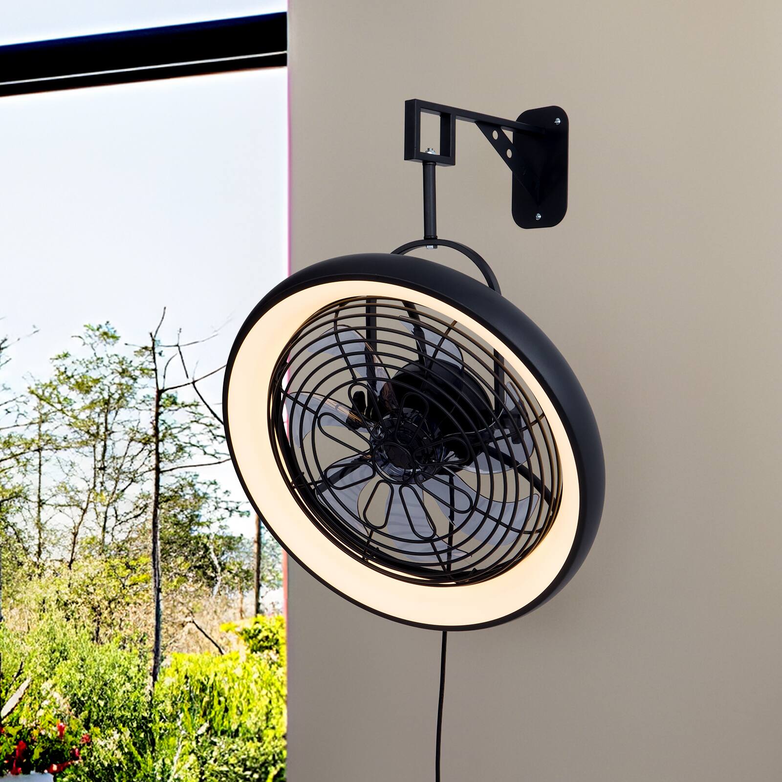 Angle. Siljoy - 20 In Modern Black Wall Mounted Fan Light with LED Lights for Bedroom Living Room Office and Covered Patio - Black.