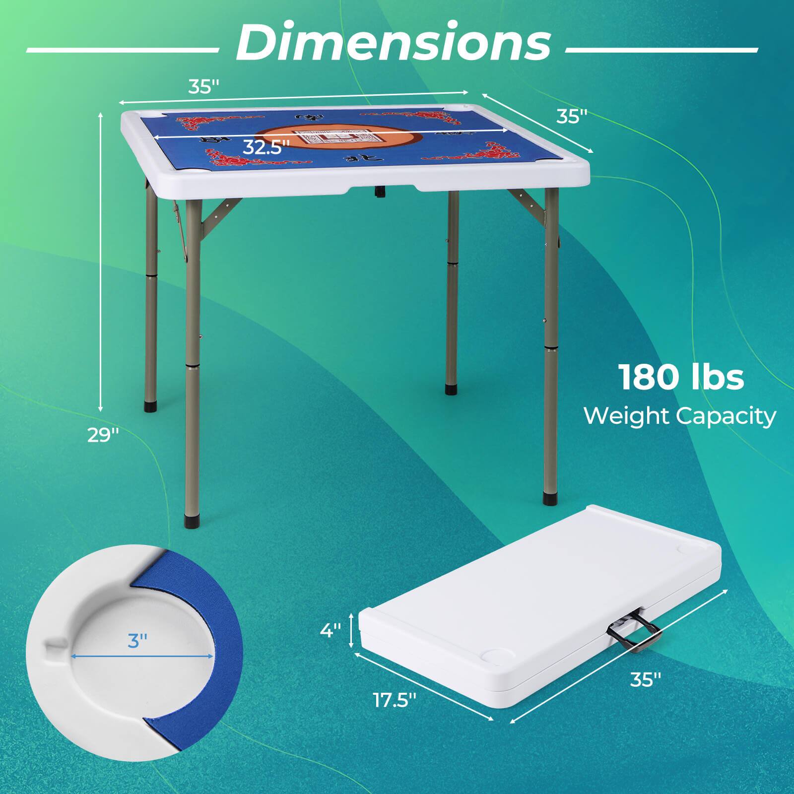 Dimensions:  
- Table: 35" x 35"  
- Table Height: 29"  
- Base: 3" x 4"  
- Base Diameter: 17.5"  
- Weight Capacity: 180 lbs